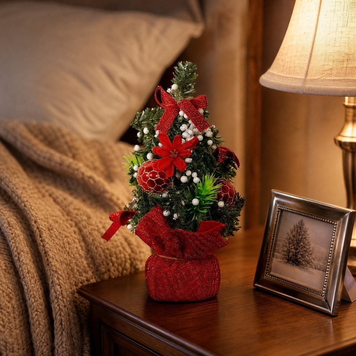 Surpdew Mini Christmas Tree Table Top Decorations- 9" Artificial Small Pine Trees with Burlap Base on Desktop, Shelves, Bedroom, Miniature Scenes Xmas for Home, Office, Party Decor