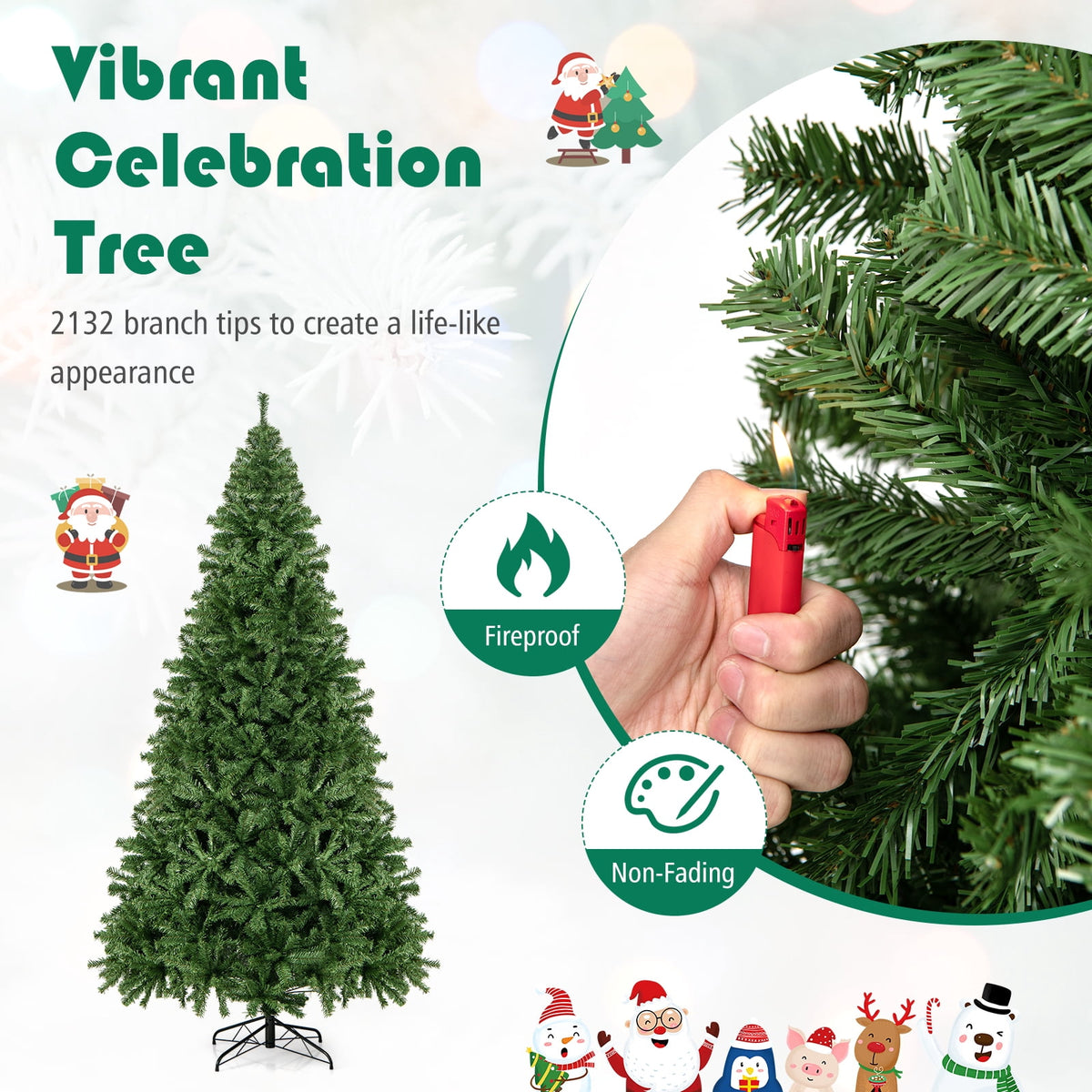 Costway 9FT PVC Christmas Tree 2132 Tips Hinged Solid Metal Legs