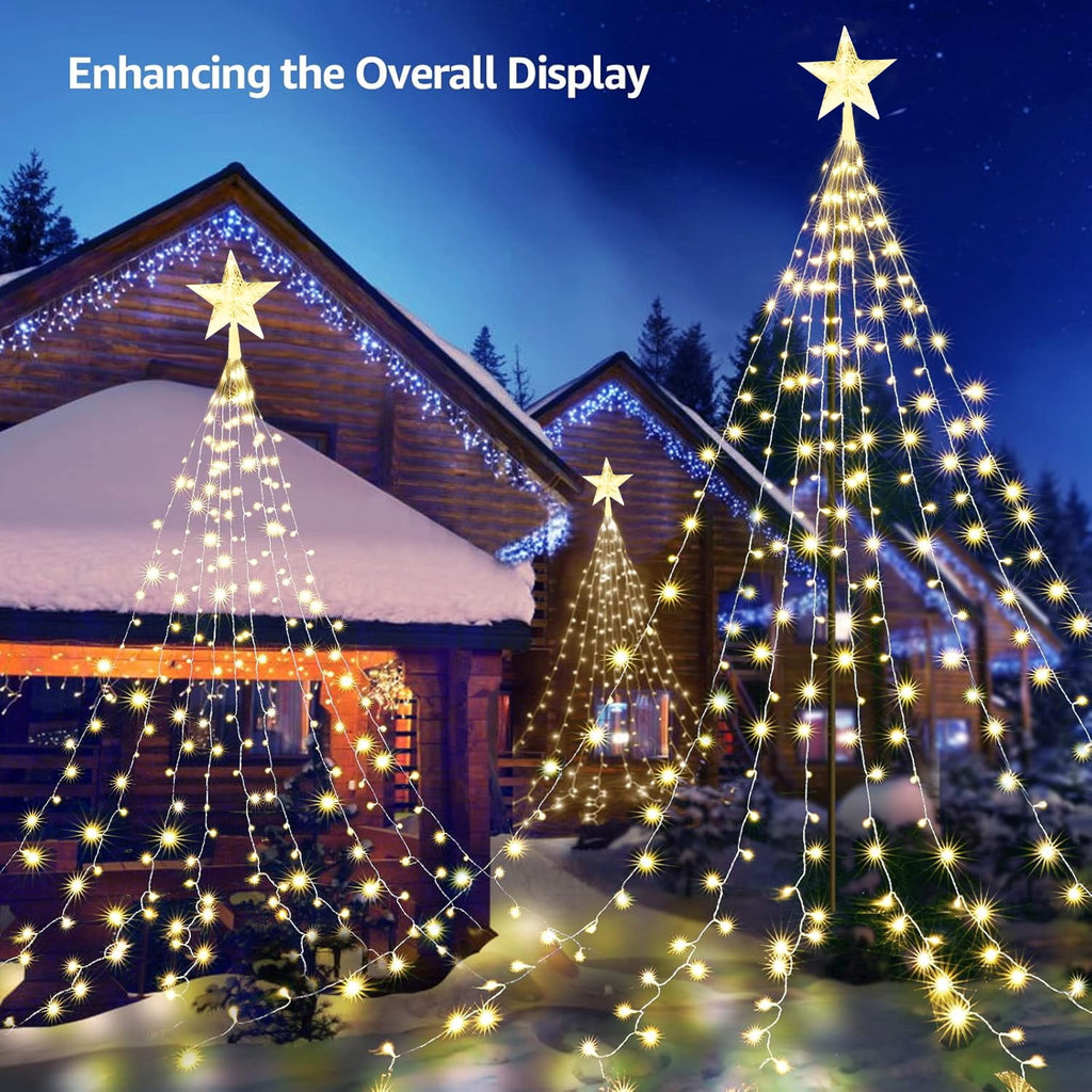 PMMIPNW Christmas Tree Lights Plug in 180LED, 8 Modes Christmas String Light with Topper Star, Waterfall Xmas Tree Lights with Timer for 6ft - 8ft Tree Wall Decoration (Multicolor)