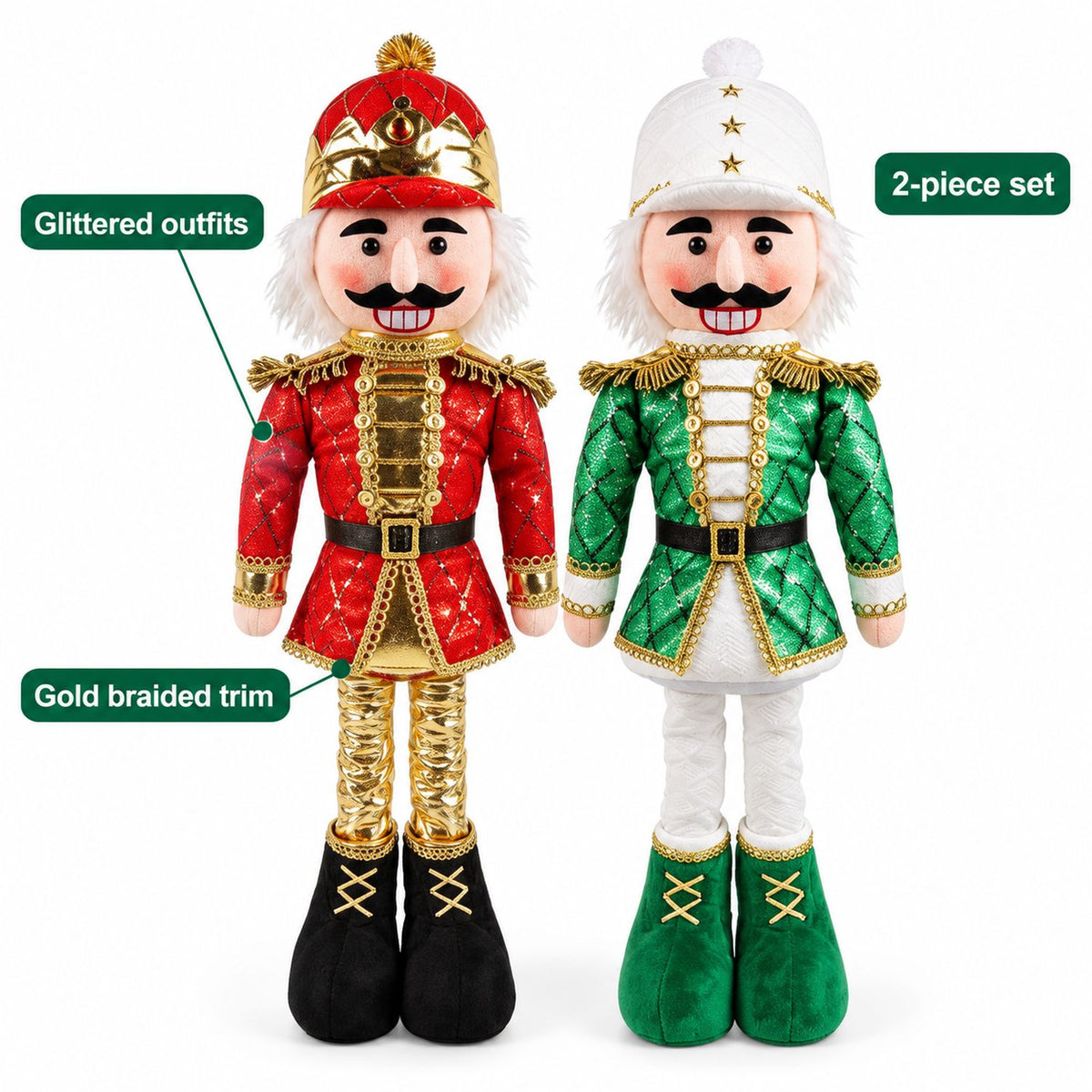 Christmas Nutcracker Figurines with Stretchable Legs, 2 Pack, 21 to 28 Inches, Red and Green Fabric, for Mantel and Home Decor