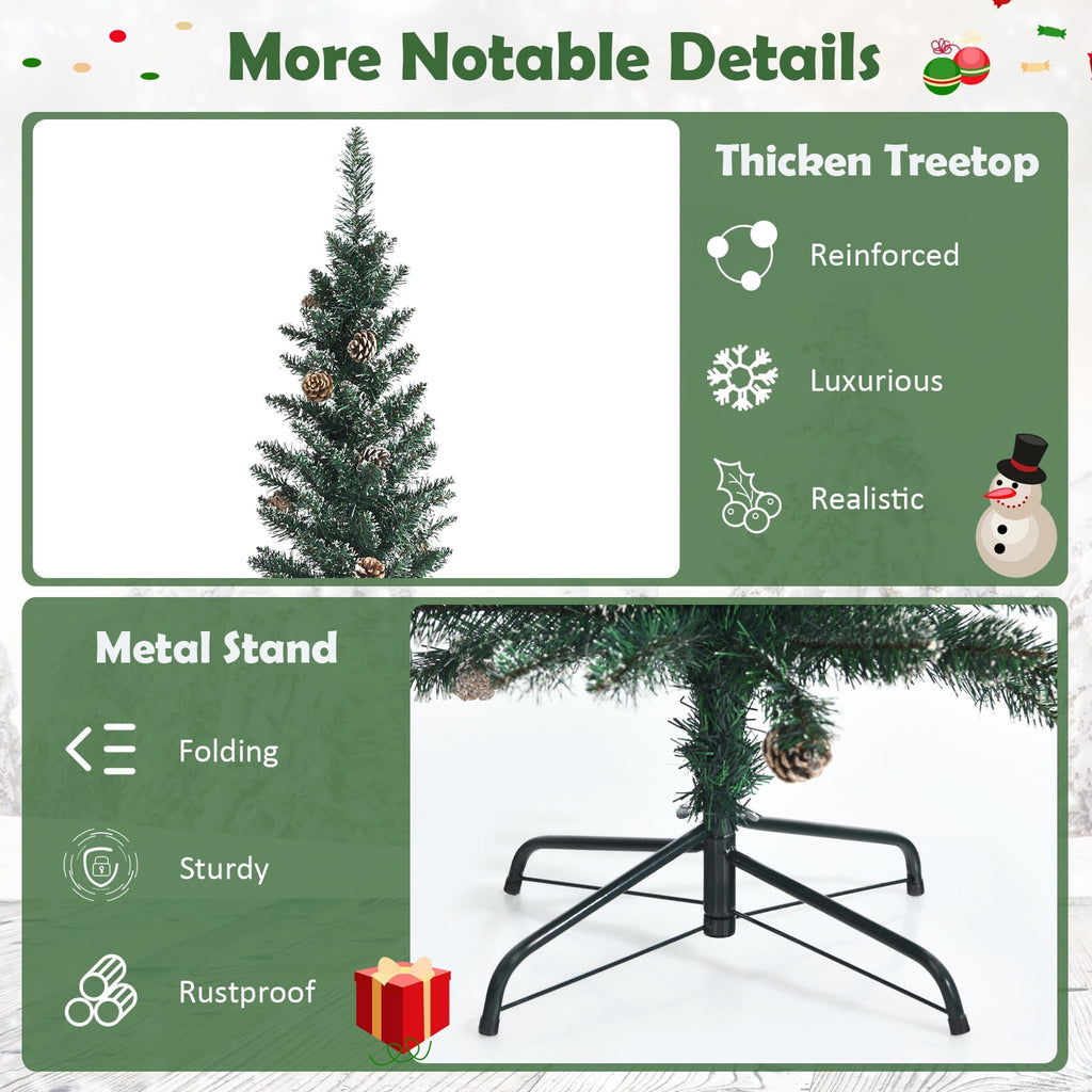 Topbuy 5FT Slim Pencil Tree Snowy Artificial Christmas Tree with 214 PVC Branch Tips & 25 Pine Cones Full Holiday Decoration Tree for Xmas