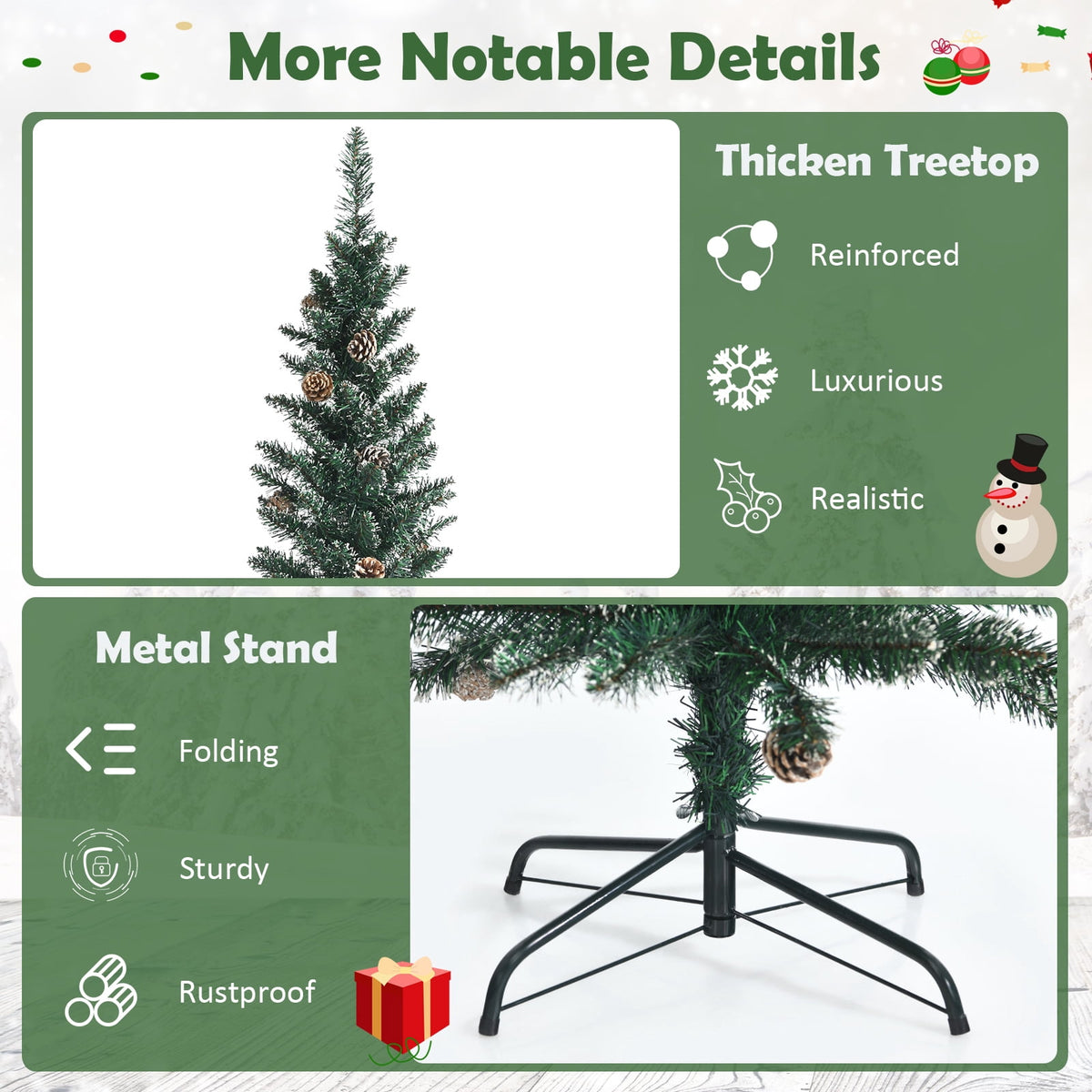 Topbuy 5FT Slim Pencil Tree Snowy Artificial Christmas Tree with 214 PVC Branch Tips & 25 Pine Cones Full Holiday Decoration Tree for Xmas
