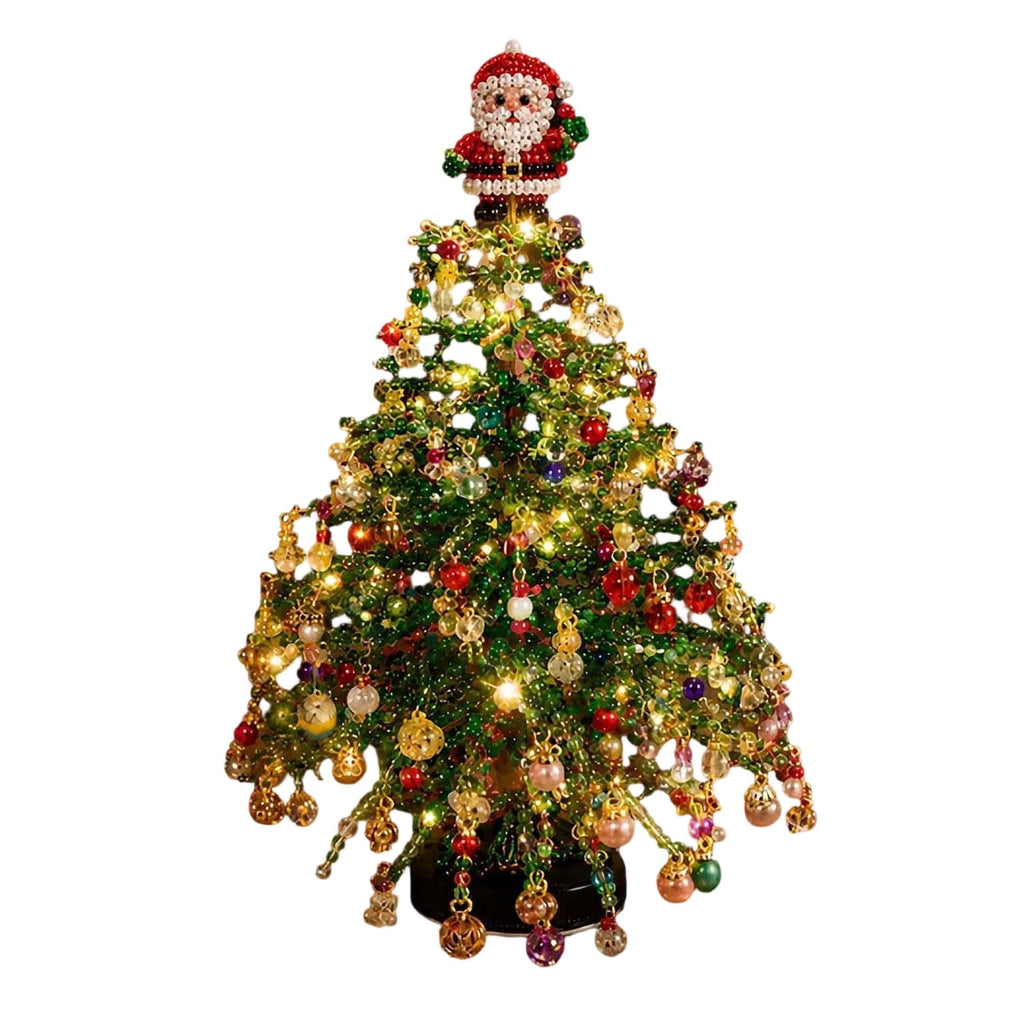 DIY Beaded Christmas Tree Kit - Handmade Mini Tabletop Xmas Tree with Santa Topper, Built-In Warm Lights, Holiday Decor Craft Gift for Adults