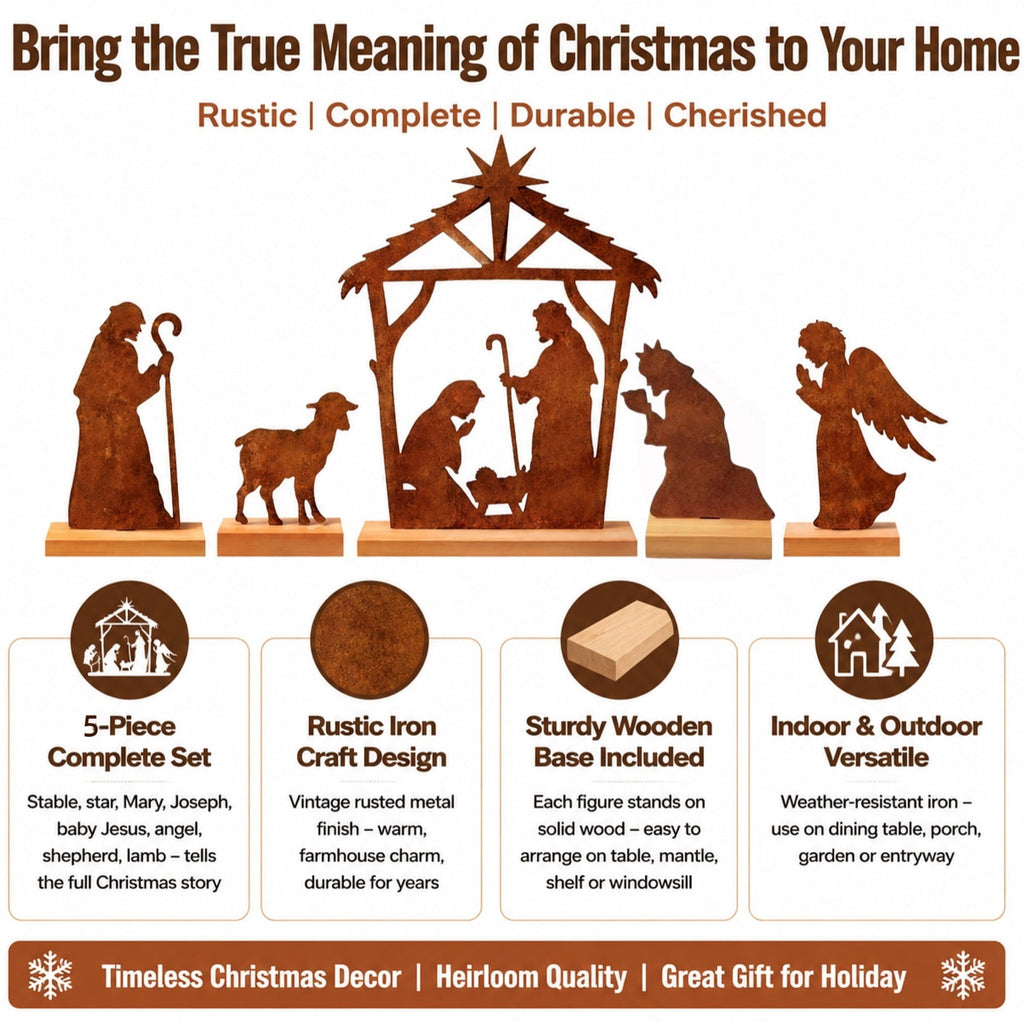 DIFELOP Christmas Table Decoration, Rustic Metal Nativity Scene with Wooden Base, 8-Piece Iron Craft Set for Home Decor, Vintage Style, Brown