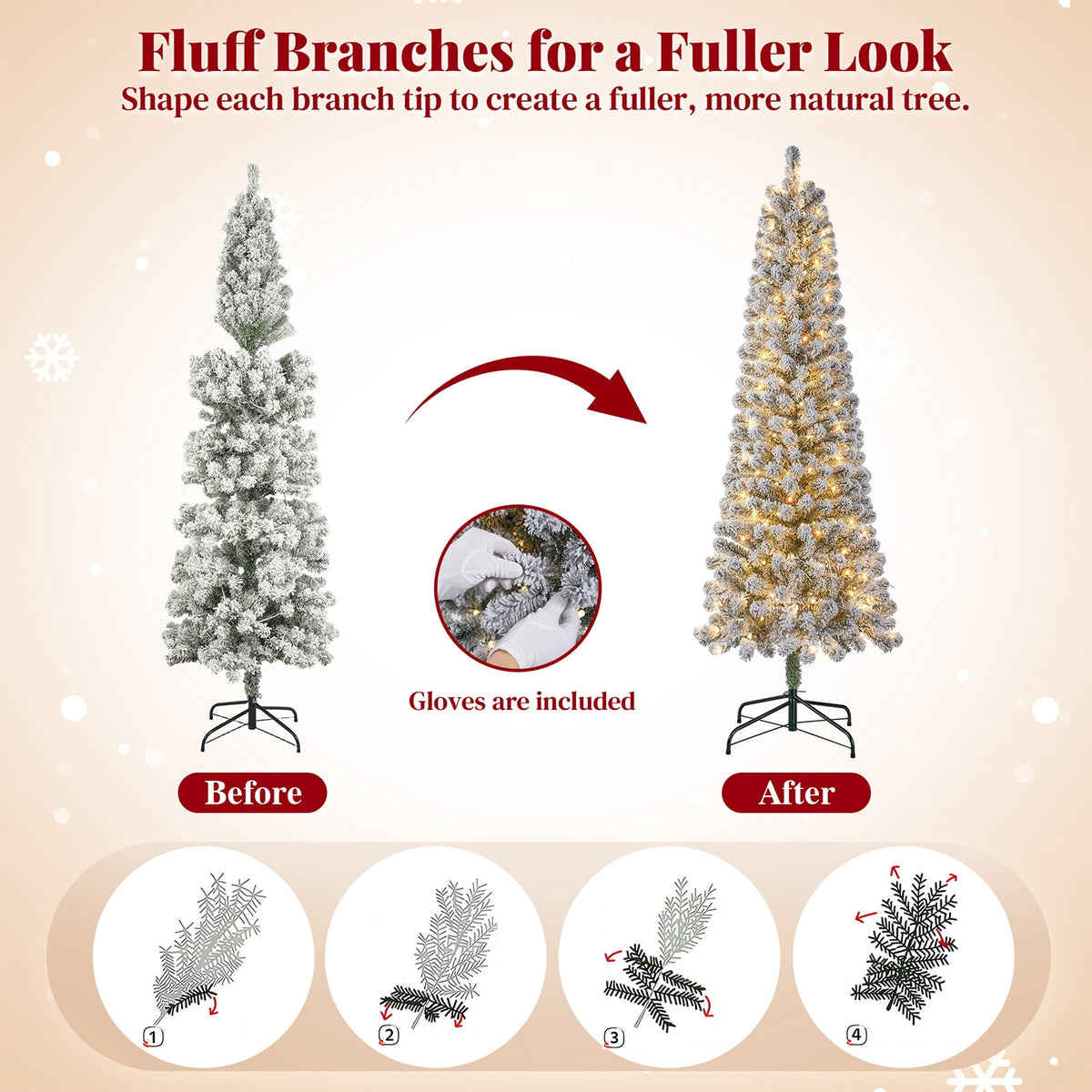 Goosiay 7ft Snow Flocked Pencil Christmas Tree, Pre-Lit Artificial Christmas Tree with 640 Tips,300 Warm White & Multicolor Lights, 10 Modes, Slim Xmas Tree with Stand