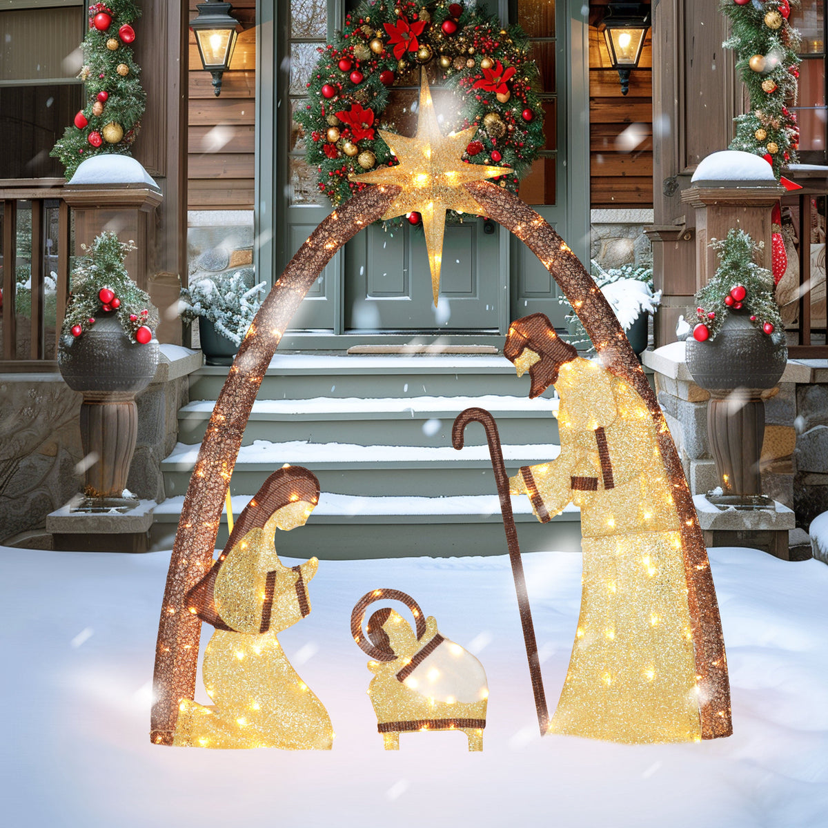 VEIKOUS 5ft Lighted Nativity Scene Christmas Decor Outdoor w/ 150 LED Lights, Holy Family Holiday Yard Decor Set ,White