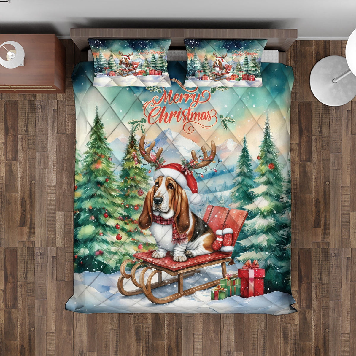 Merry Christmas Santa Reindeer Antlers French Bulldog Sleigh Xmas Winter Holiday Quilt Bedding Set Dog Lover Gifts 1 Blanket Bed Cover 2 Pillowcases - 00023