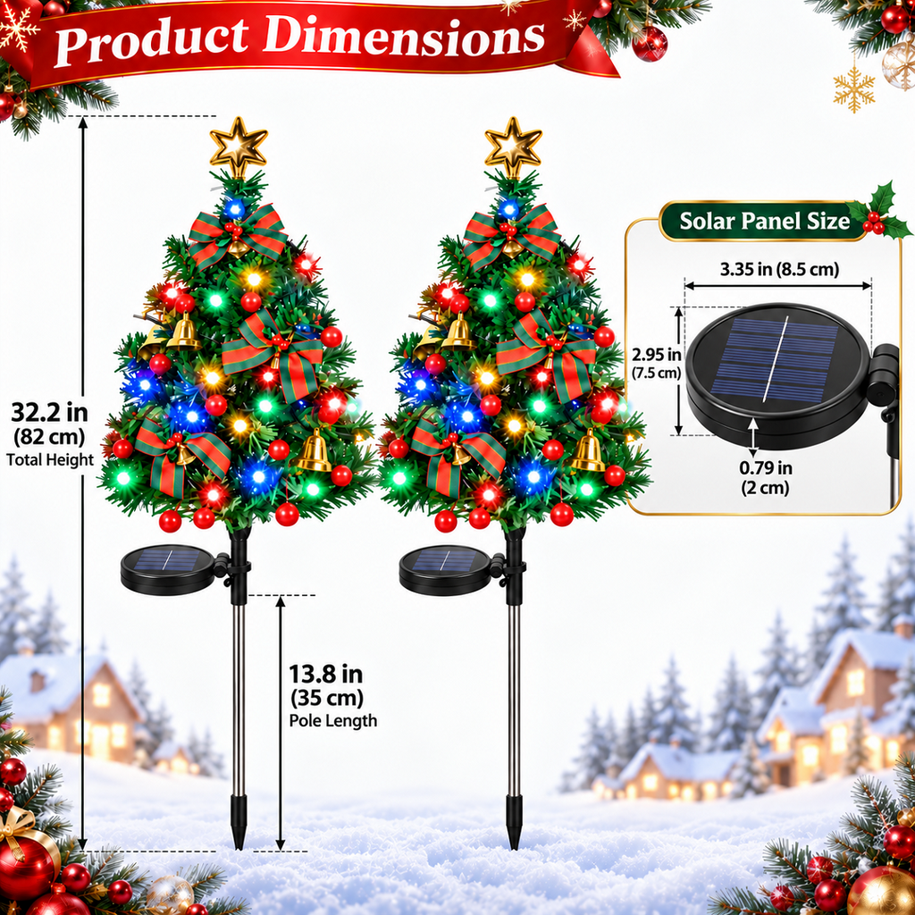 2 Pack Solar Powered Christmas Tree Lights, Outdoor Holiday Decor with 40 Bright LEDs, Waterproof Xmas Garden Decorations for Pathway, Yard, Grave and Lawn