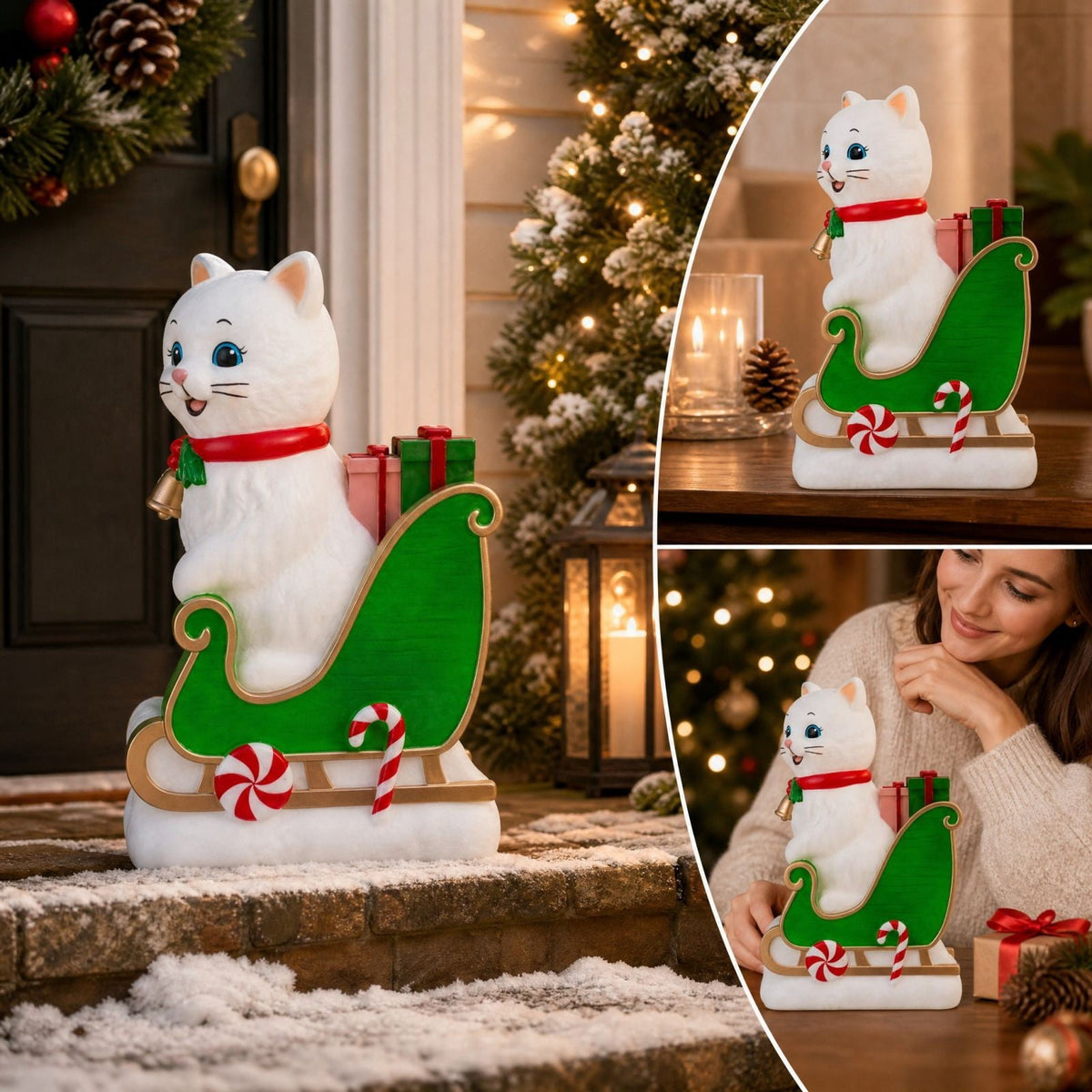 Luckky Lighted Christmas Dog Resin Statue, Santa Hat and Scarf Dog Figurine, 7.87 Inch, Multi-Color LED Lights, Indoor Outdoor Holiday Decor