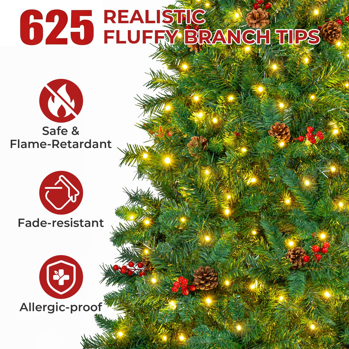 Firstness 5ft Pre-Lit Artificial Christmas Tree with 11 Lighting Modes, Xmas Tree with 625 Branch Tips,Pine Cones and Red Berries