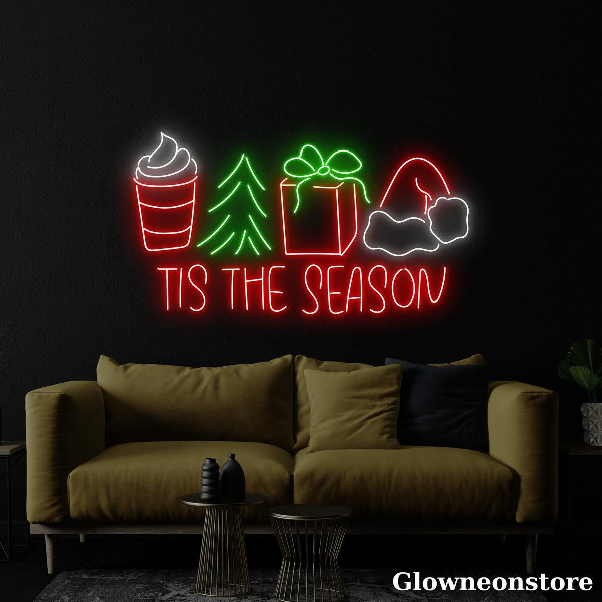 Glowneon Tis The Season Neon Sign, Merry Christmas Sign, Coffee Shop Wall Decor, Santa Hat Neon