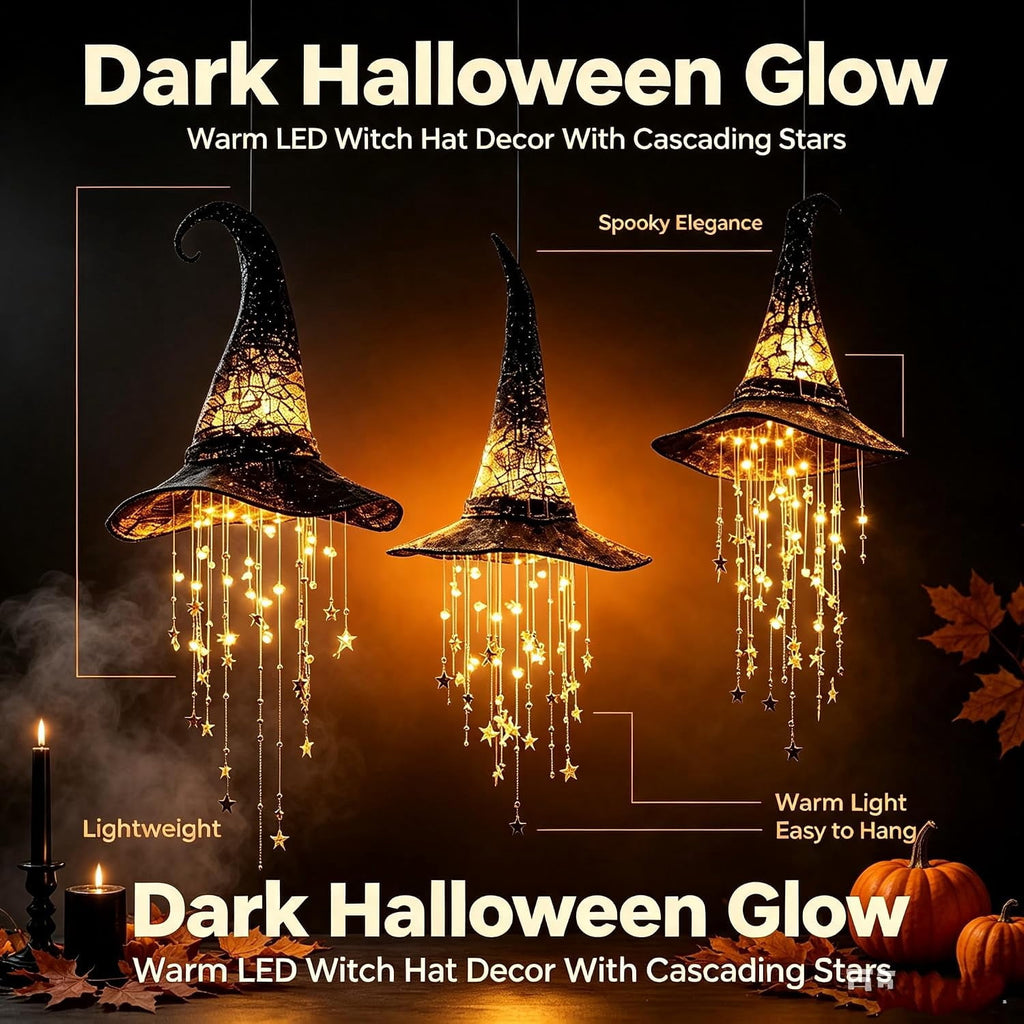 Lighted Witch Hat Hanging Chime 3Pack LED Star Garland Halloween Decoration Indoor Outdoor Yard Porch1PC