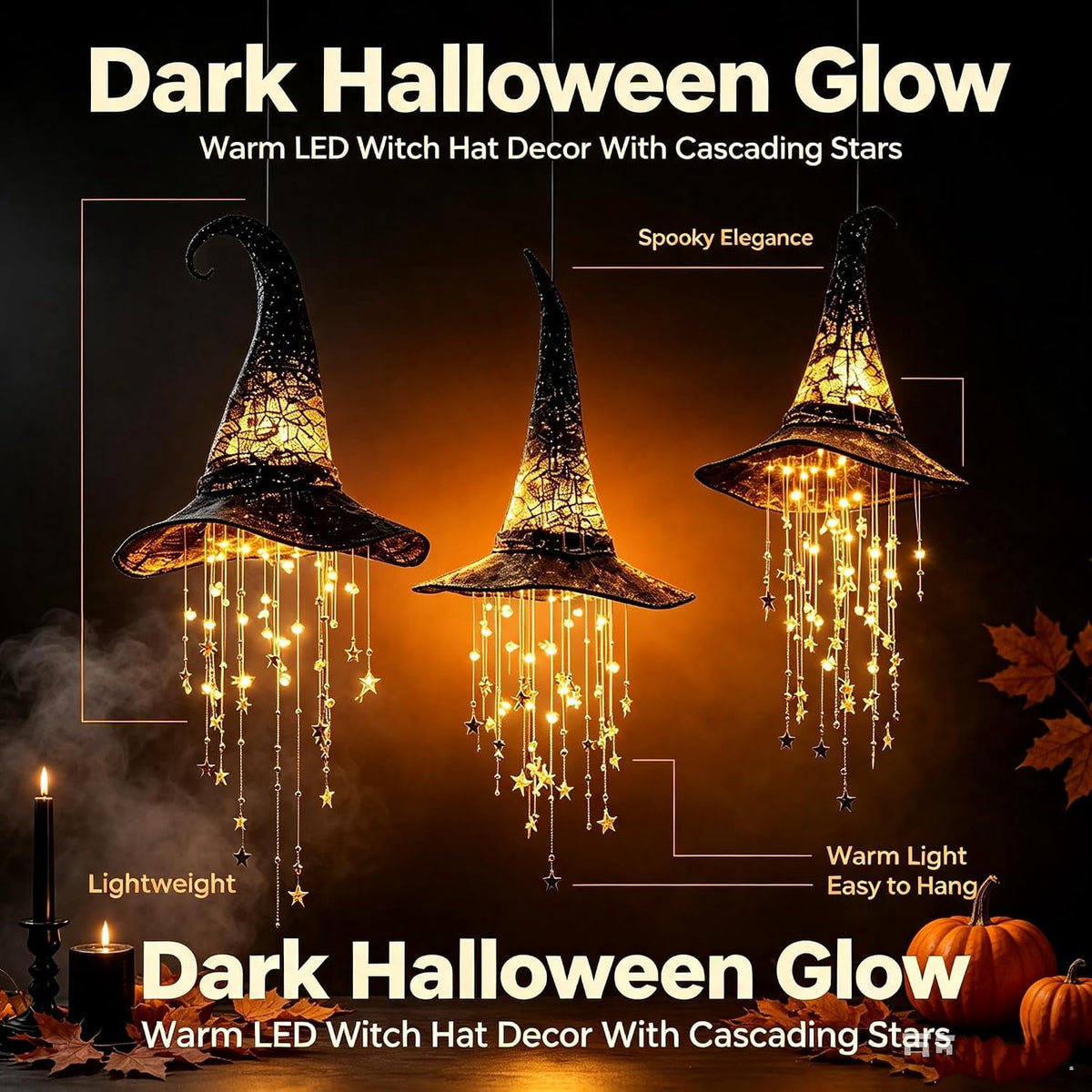 Lighted Witch Hat Hanging Chime 3Pack LED Star Garland Halloween Decoration Indoor Outdoor Yard Porch1PC