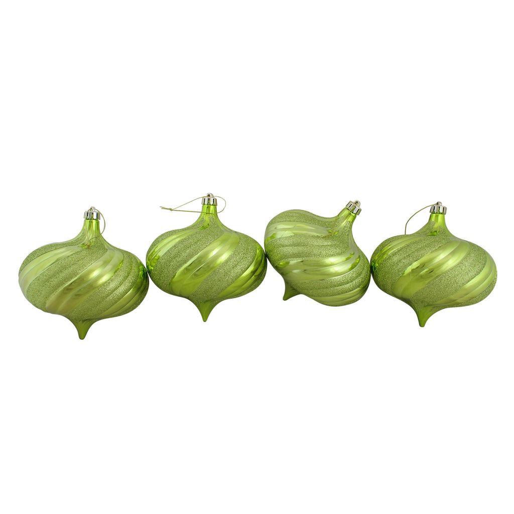 4ct Shiny Green Kiwi Glitter Swirl Shatterproof Onion Christmas Ornaments 5.75"