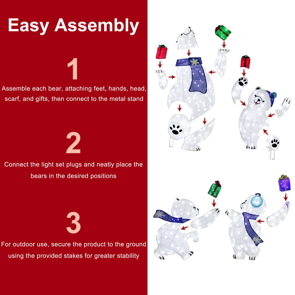 Set of 4 Pre-Lit Bear Family Christmas Holiday Décor with 450 Cool White Twinkling LED Lights