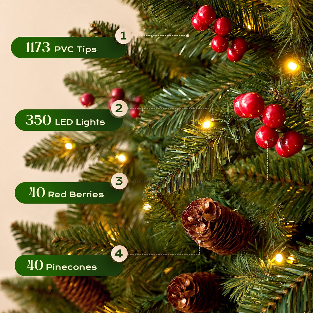 Goosiay Artificial Christmas Tree Pre-Lit Flocked Hinged with Red Berries & Pinecones, 350 Warm White & Multicolor LED Lights, 7 ft