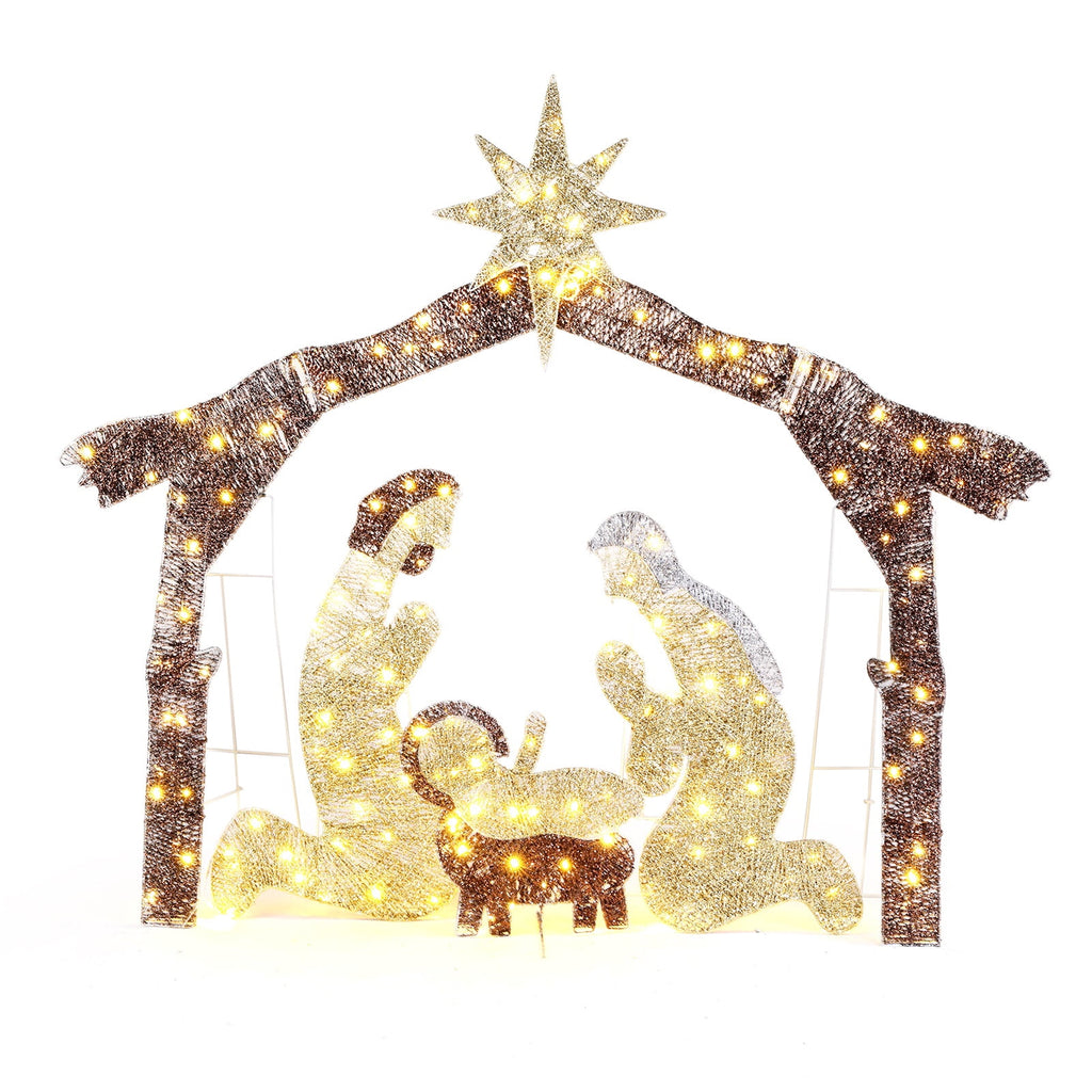iCapeson 6ft Lighted Outdoor Nativity Scene with Brown Roof, 190 LED Lights Holy Family Yard Decoration for Christmas, Includes Mary, Joseph, Jesus Figure