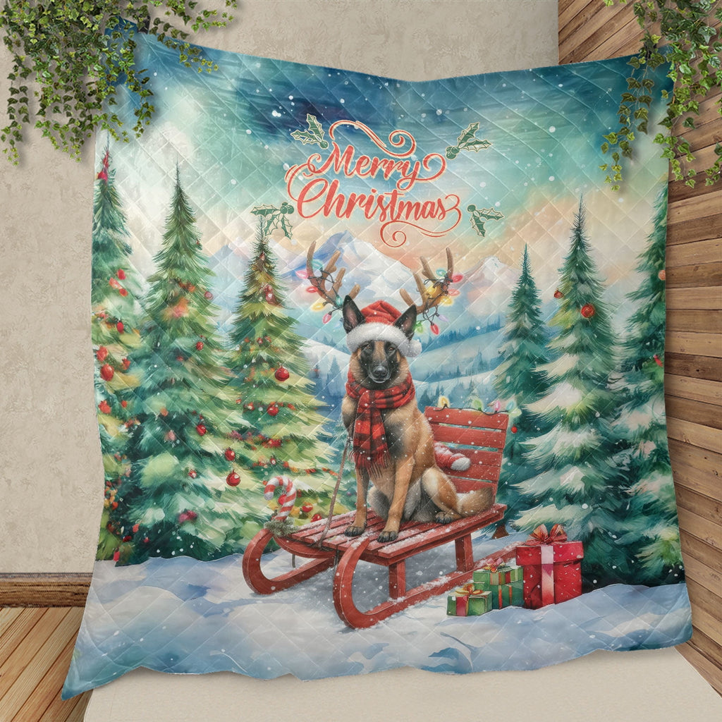 Merry Christmas Santa Reindeer Antlers French Bulldog Sleigh Xmas Winter Holiday Quilt Bedding Set Dog Lover Gifts 1 Blanket Bed Cover 2 Pillowcases - 00023