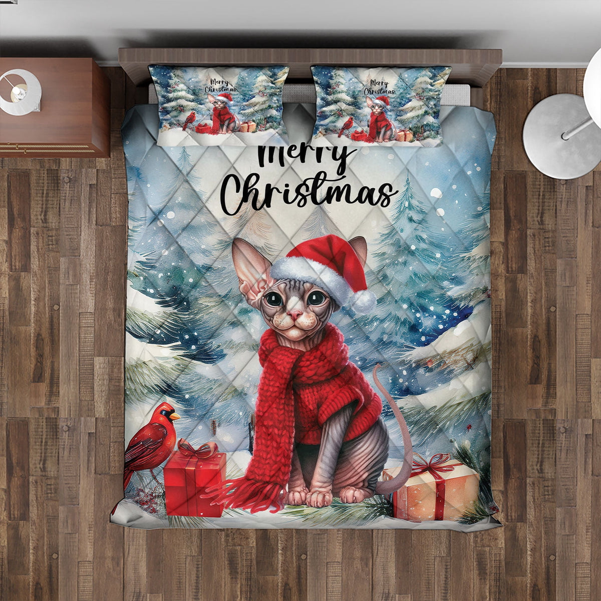 Merry Christmas Sphynx Enjoys Catmas Winter Xmas Holiday Quilt Bedding Set Cat Lover Kitten Owner Gifts Idea 1 Blanket Bed Cover 2 Pillowcases - 02022