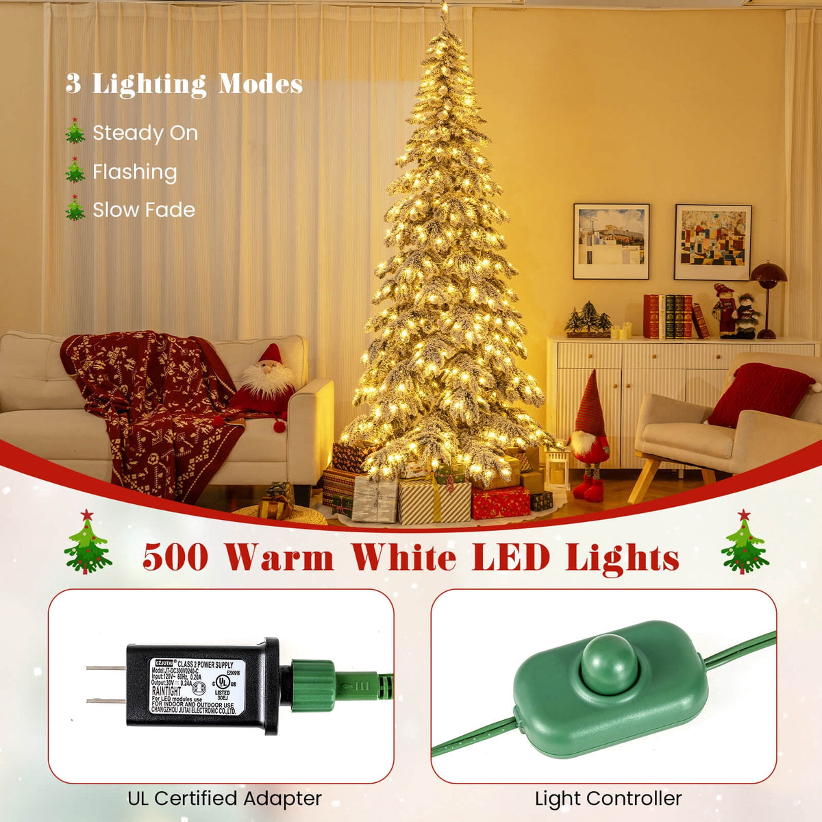 Costway 9 FT Artificial Christmas Tree with Quick Power Connectors,1223 Flocked Branch Tips