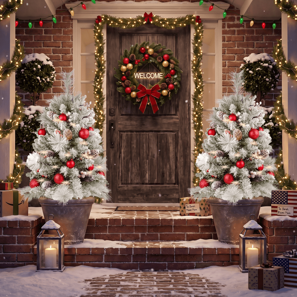 2 Pack 30 inch Prelit Outdoor Christmas Tree, Small Pre-Decorated Green Xmas Tree with Cones & Red Berries, 30 Warm Lights, Urn Filler Holiday Decor for Entrance Driveway, Yard, Garden