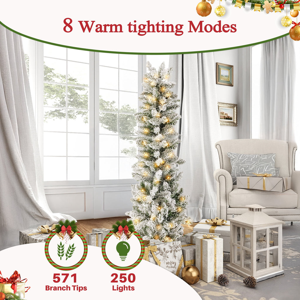 edx 6ft Pre-lit Pencil Christmas Tree, Green Artificial Spruce Slim Christmas Trees, With 250 LED Lights, 571 Branch Tips & Foldable Base, For Home, Office, Party Decoration