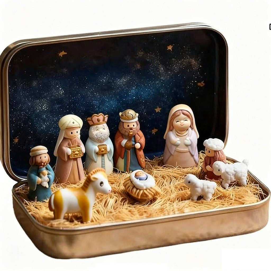 Mini Christmas Nativity Set in a Tin Box, Portable Pocket Birth of Jesus Ornament, Holy Family Sheep and Jesus Figurines, Christmas Interior Decoration for Home Desk, Shelf, Office Decor (3 Set)