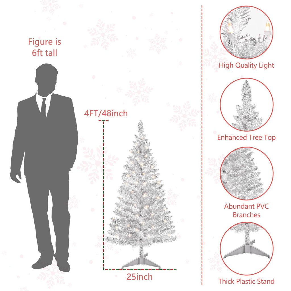 Bringstar 4FT Silver Artificial Christmas Tree with 50 String Lights, Mini Tinsel Tree, Not Pre-Lit, for Halloween & Holiday Home & Office Décor