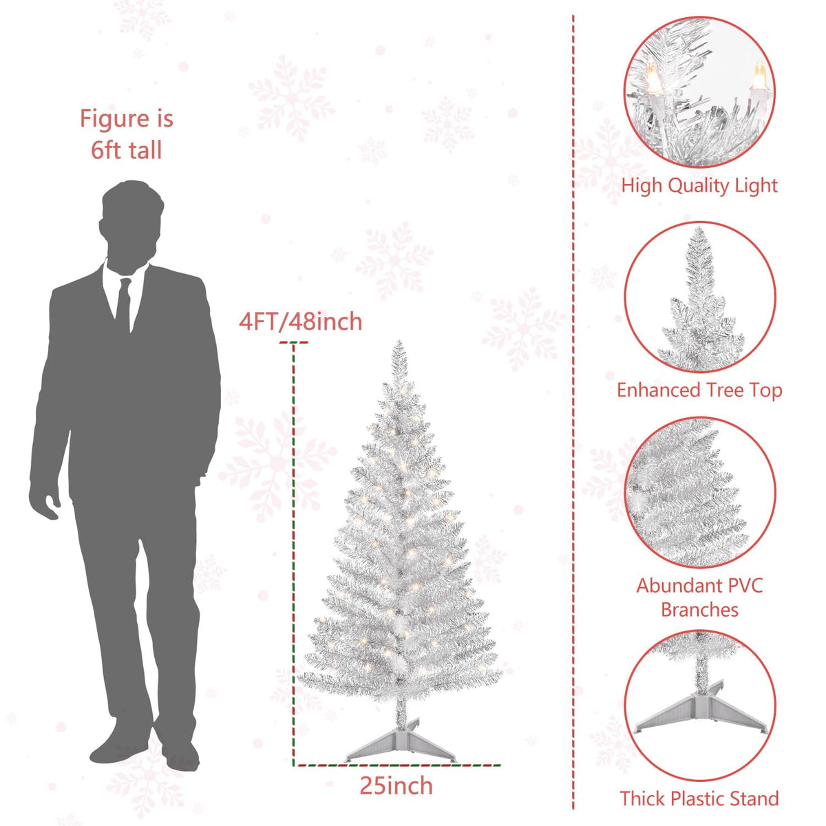 Bringstar 4FT Silver Artificial Christmas Tree with 50 String Lights, Mini Tinsel Tree, Not Pre-Lit, for Halloween & Holiday Home & Office Décor