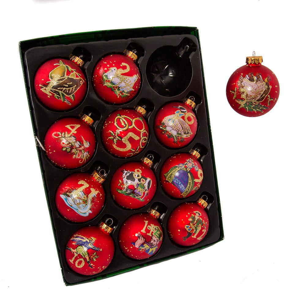 Kurt Adler 65mm 12 Days of Christmas Decorative Glass Balls, 12 Piece Set