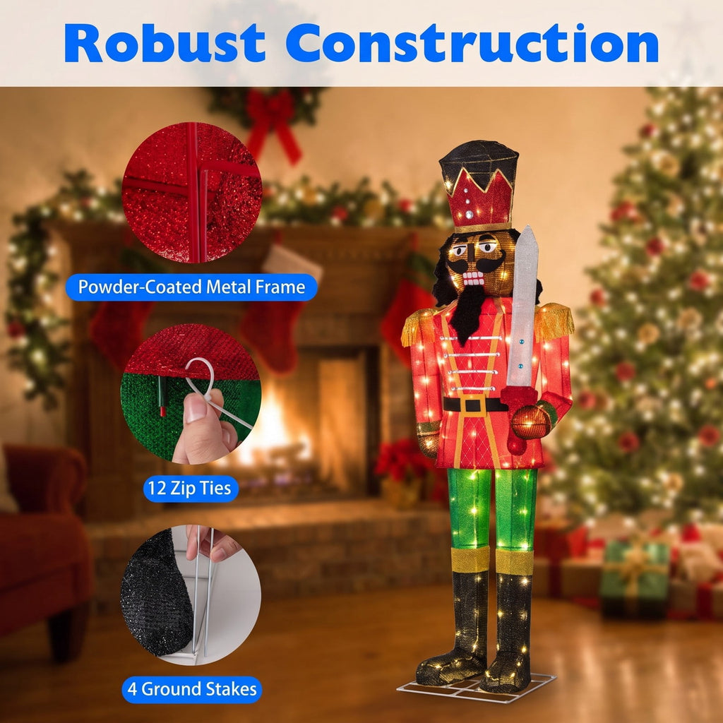 Airfind 5 FT Lighted Christmas Nutcracker with Glitter Sword for Outdoor, Metal Tinsel Frame, 21.5" x 5 ft Footprint, Multi-color