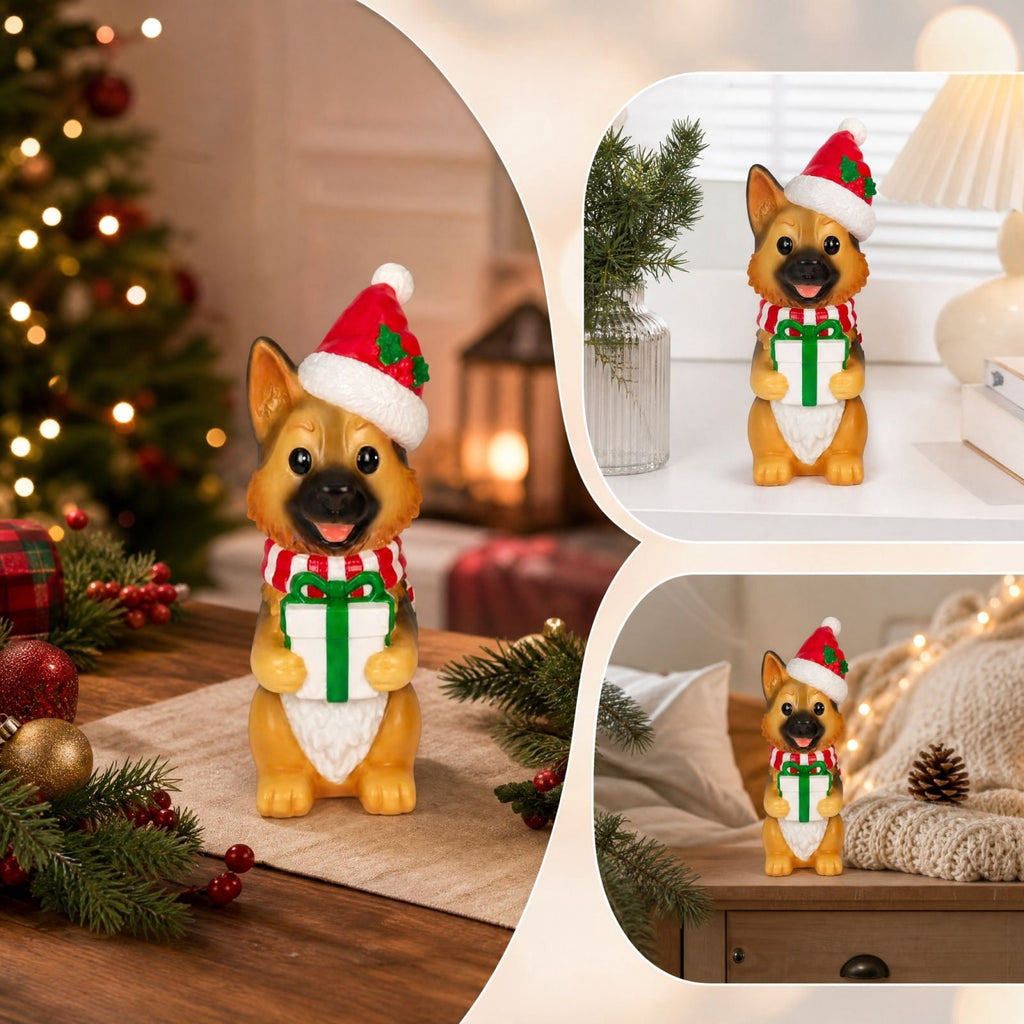 Luckky Lighted Christmas Dog Resin Statue, Santa Hat and Scarf Dog Figurine, 7.87 Inch, Multi-Color LED Lights, Indoor Outdoor Holiday Decor