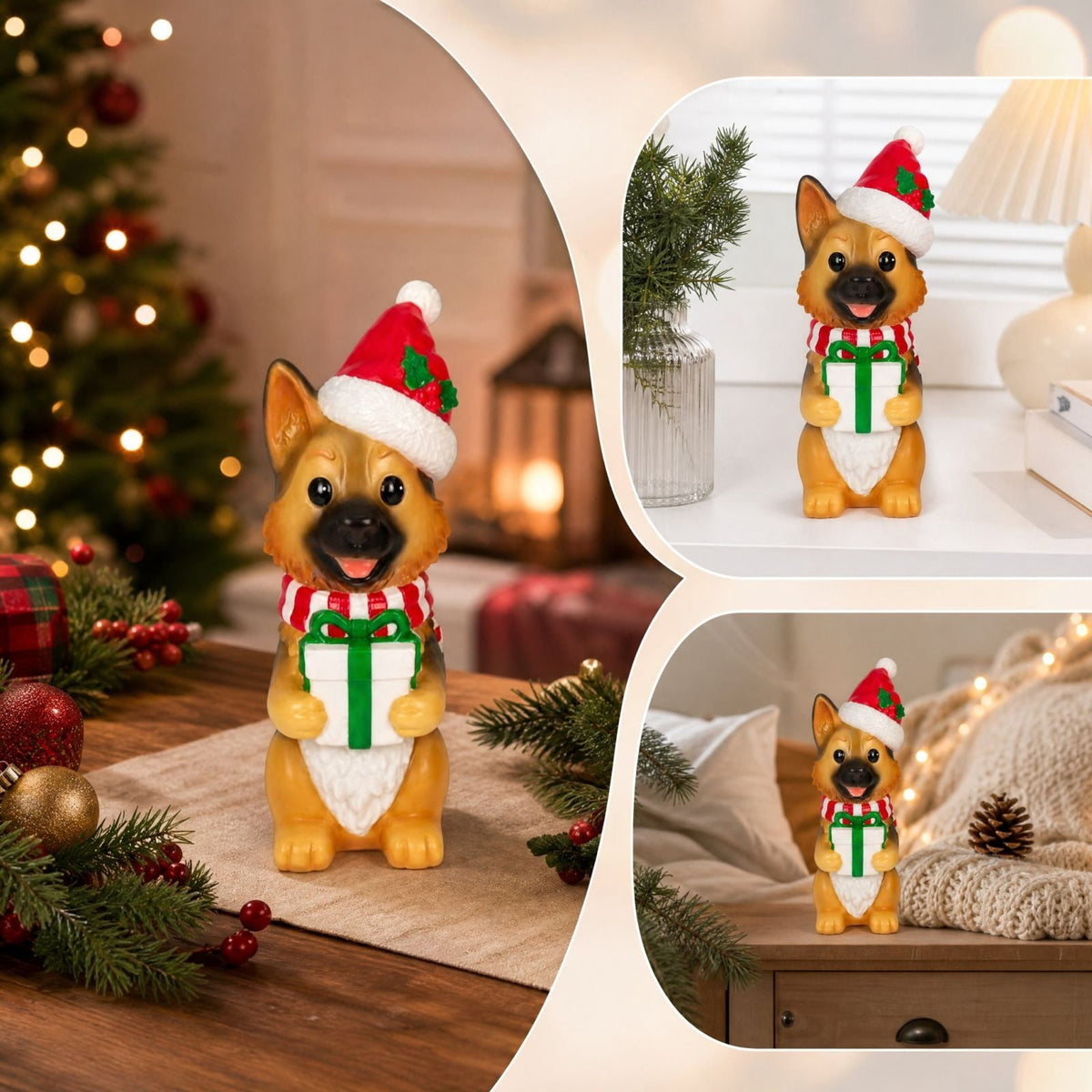 Luckky Lighted Christmas Dog Resin Statue, Santa Hat and Scarf Dog Figurine, 7.87 Inch, Multi-Color LED Lights, Indoor Outdoor Holiday Decor
