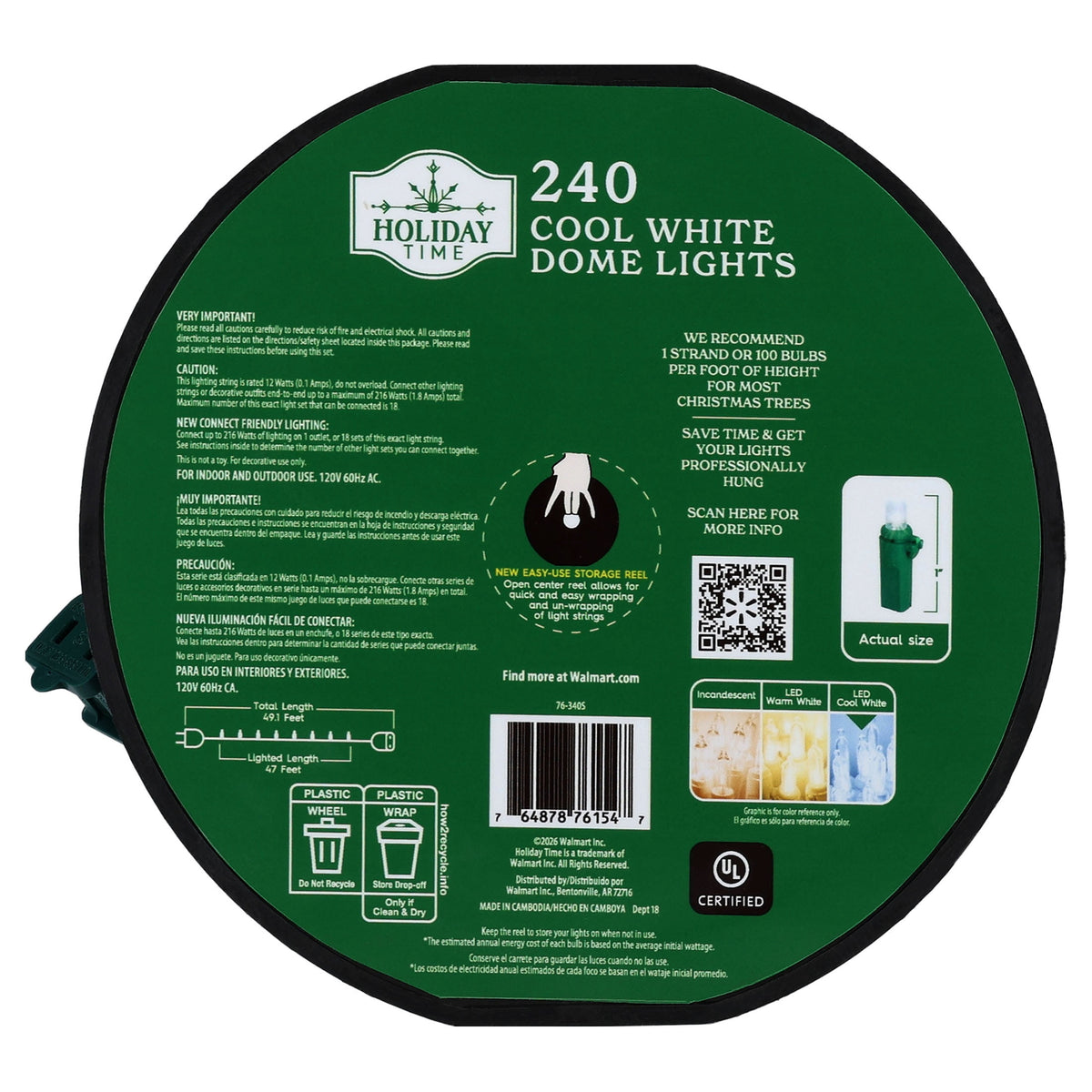 Indoor/Outdoor 240-Count LED Dome Christmas String Lights, Warm White, Green Wire, 47', by Holiday Time