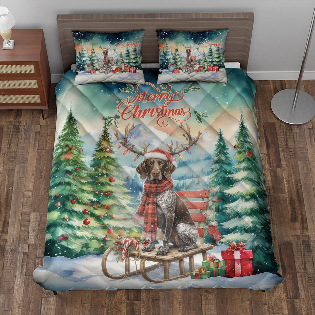 Merry Christmas Santa Reindeer Antlers French Bulldog Sleigh Xmas Winter Holiday Quilt Bedding Set Dog Lover Gifts 1 Blanket Bed Cover 2 Pillowcases - 00023