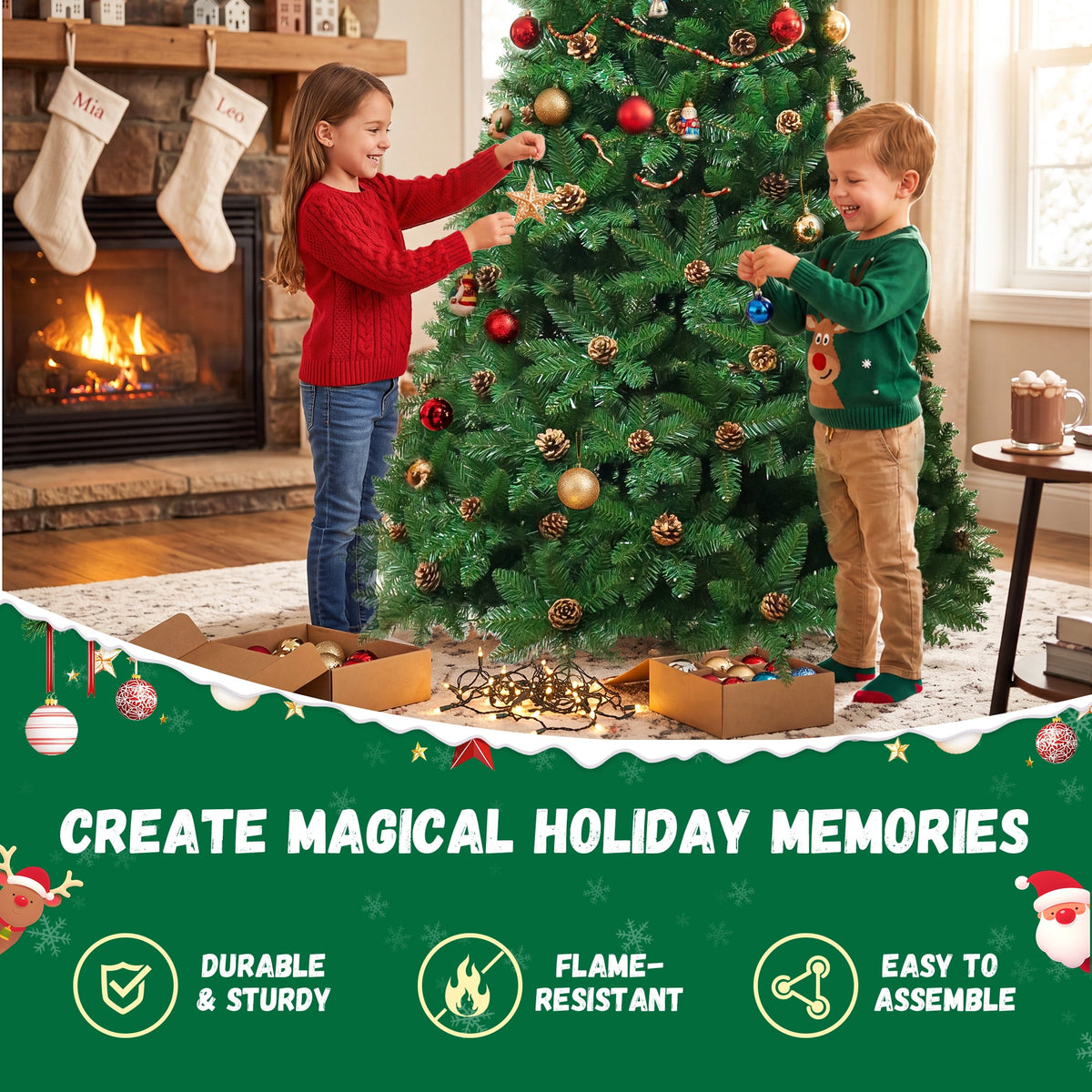 Yexmas 6FT Pre-Lit Green Christmas Tree with Pinecones, Artificial Xmas Tree with Large Storage Bag for Indoor Christmas Decorations
