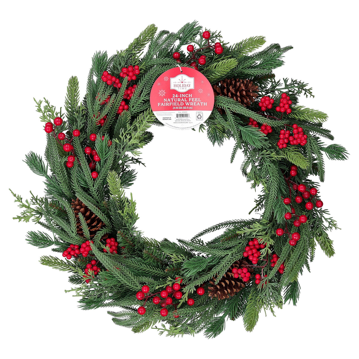 Natural Feel Fairfield Artificial Christmas Wreath with Berries and Pinecones, Green and Red, 24", by Holiday Time