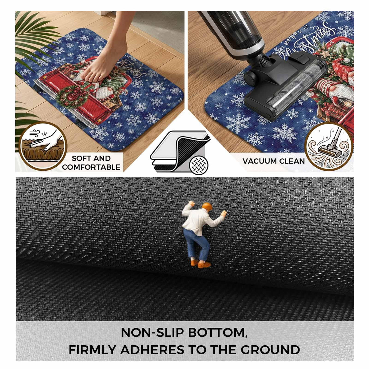Red Truck Christmas Washable Area Rugs for Living Room Bedroom, Large Non Slip Indoor Floor Carpet Absorbent Xmas Tree Gnomes Navy Blue Snowflake Door Mat Rugs for Bathroom Entryway 63"x90.6"