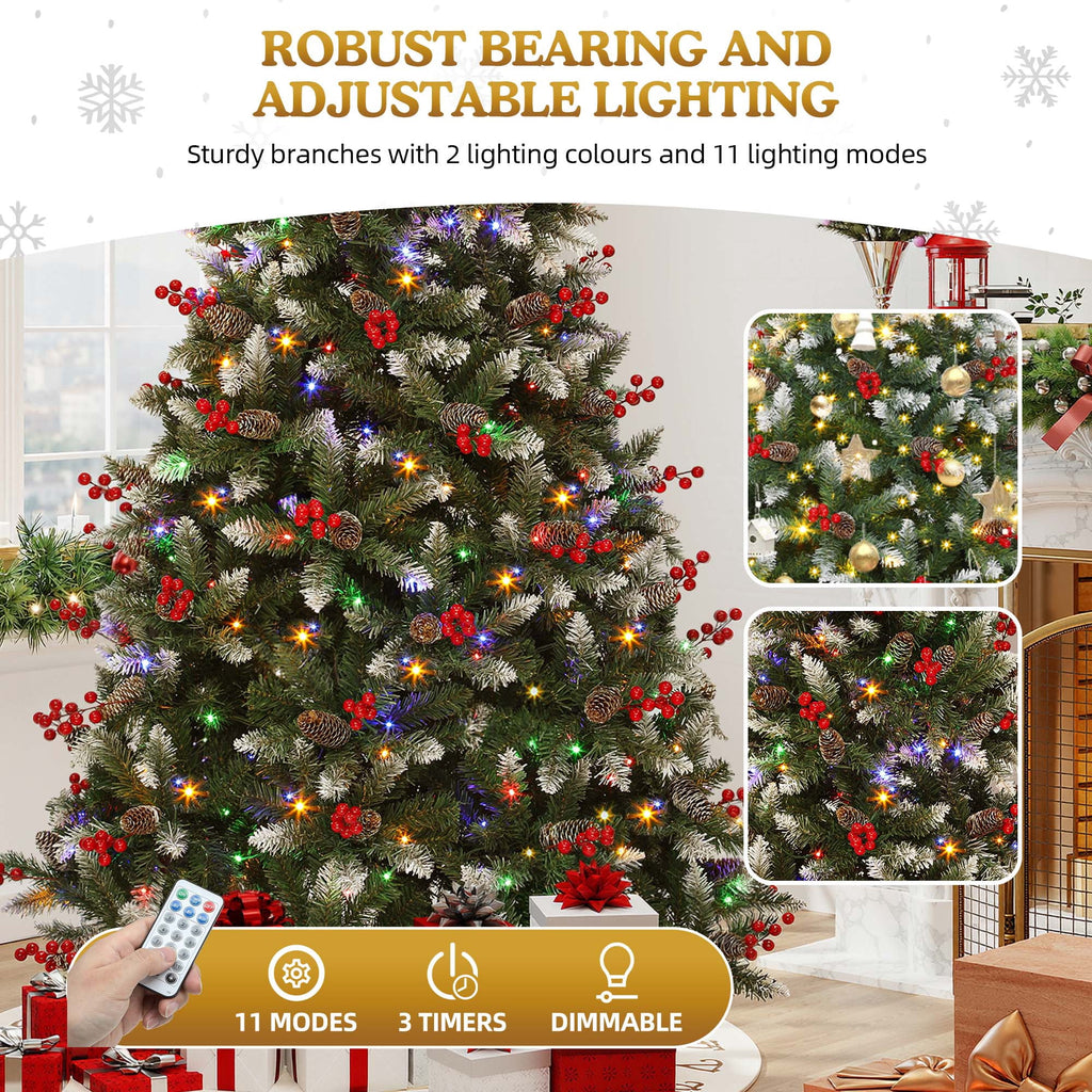 Uforic 9ft Pre-Lit Artificial Hinged Christmas Tree with 2058Frosted Tips & 900 Lights, 111Pine Cones & 111Red Berries, Remote Control, Green