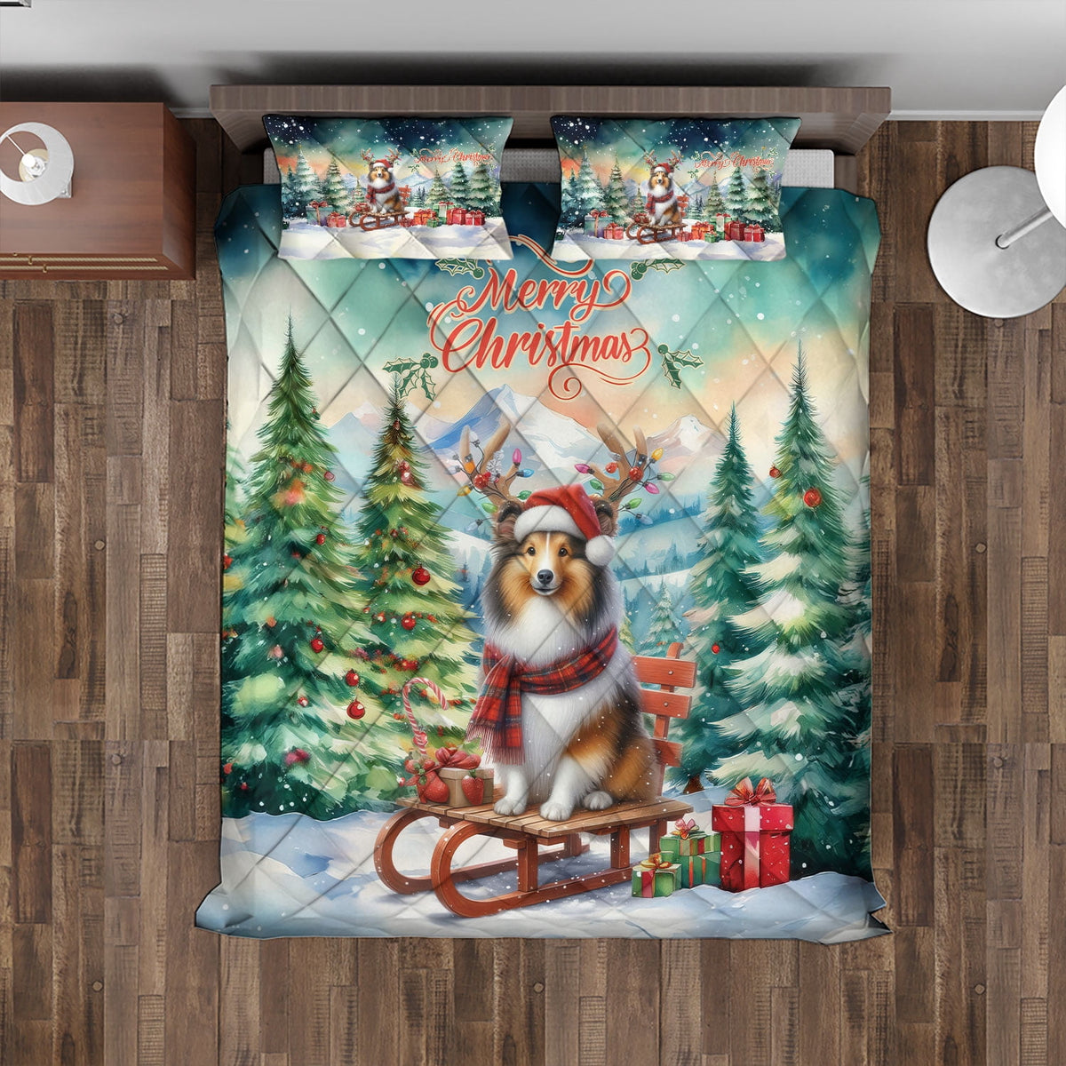 Merry Christmas Santa Reindeer Antlers French Bulldog Sleigh Xmas Winter Holiday Quilt Bedding Set Dog Lover Gifts 1 Blanket Bed Cover 2 Pillowcases - 00023