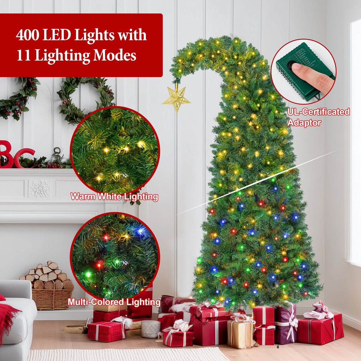 Firstness 7.5Ft Christmas Tree Crooked Neck, Prelit Artificial Xmas Tree with 400 Colorful Lights & 11 Modes, 1350 Branch Tips, Storage Bag, PVC Bendable Top Christmas Tree