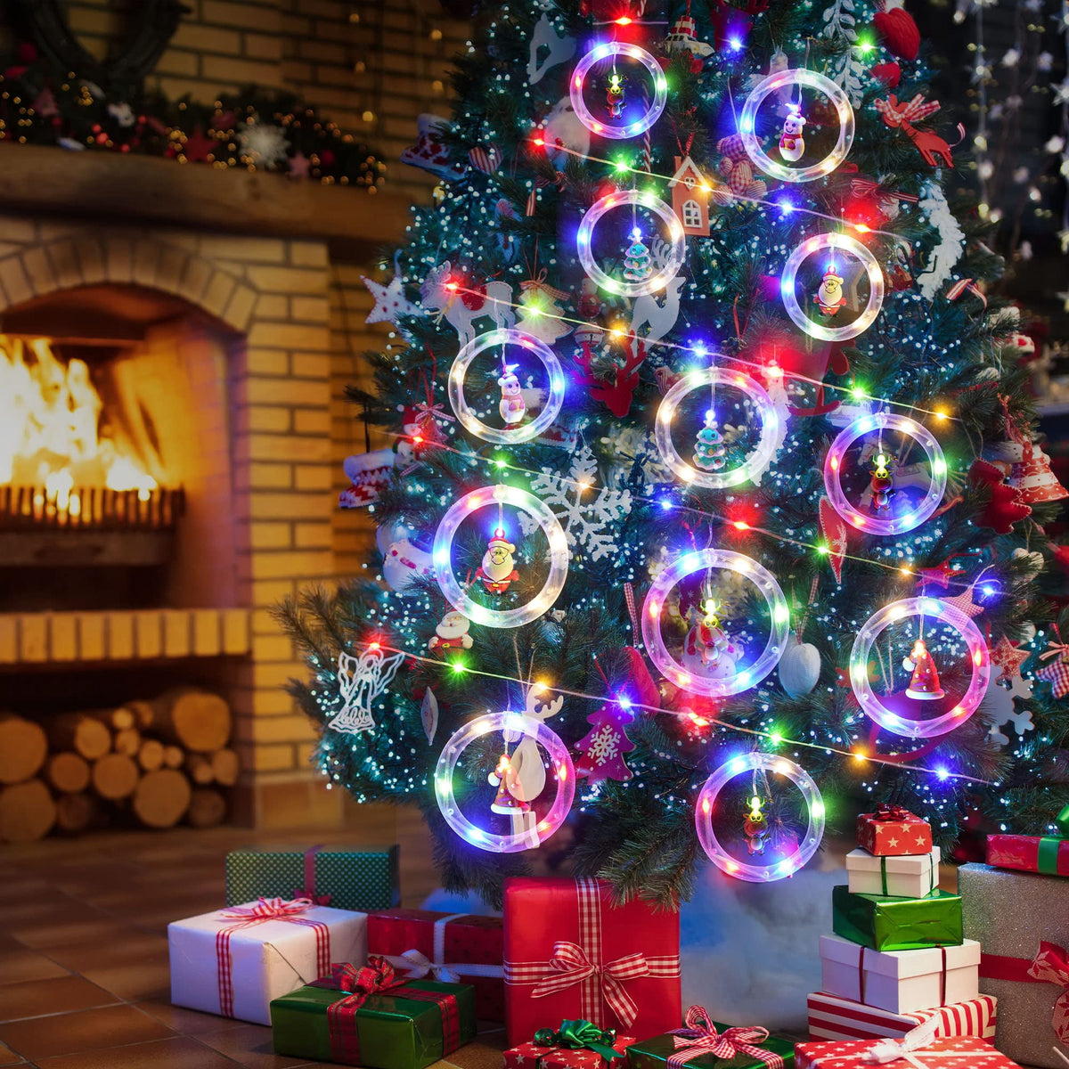WILLED Christmas String Lights, 120 LED Window Curtain Lights with Christmas Ornaments, 9.8ft USB Powered Warm White Waterproof Fairy Lights Indoor Outdoor for Xmas Tree Patio Garden Party Home Decor
