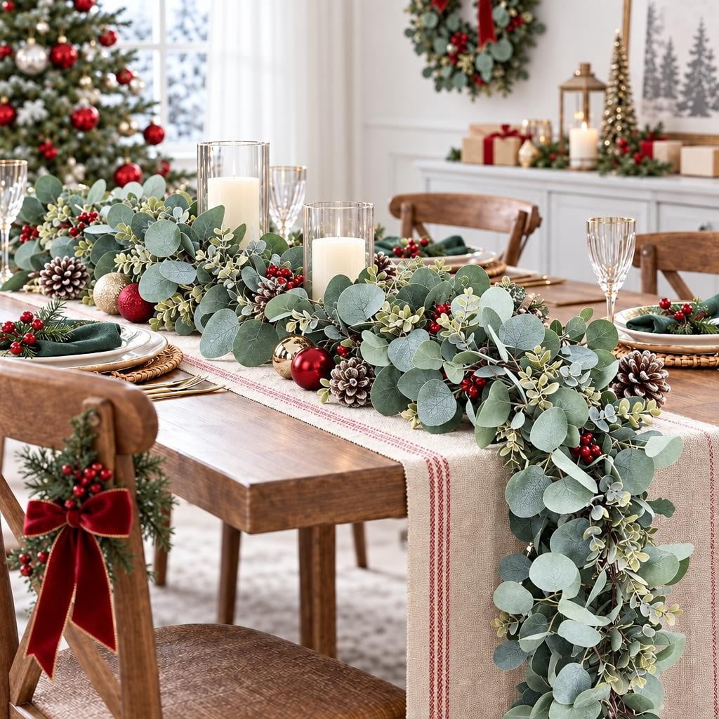 Scidweet Christmas Eucalyptus Garland, 2 Pcs 6.56 FT Artificial Greenery Garland Silver Dollar Leaves Boxwood Vines with White Buds for Home Wedding Party Table Mantle Xmas Decor