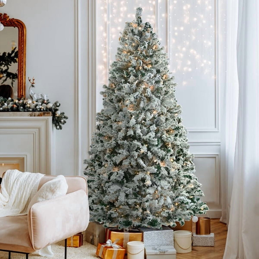 Alvantor 7 ft Pre-Lit Snow-Flocked Artificial Christmas Tree with 400 Warm and Cool White LED Lights, Remote Control and 1000 PVC Tips