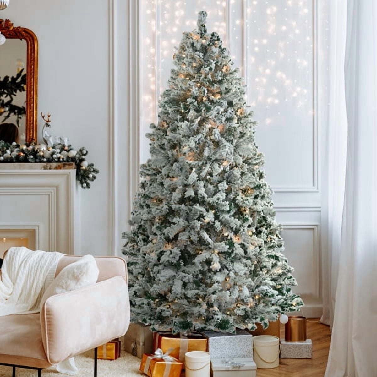 Alvantor 7 ft Pre-Lit Snow-Flocked Artificial Christmas Tree with 400 Warm and Cool White LED Lights, Remote Control and 1000 PVC Tips