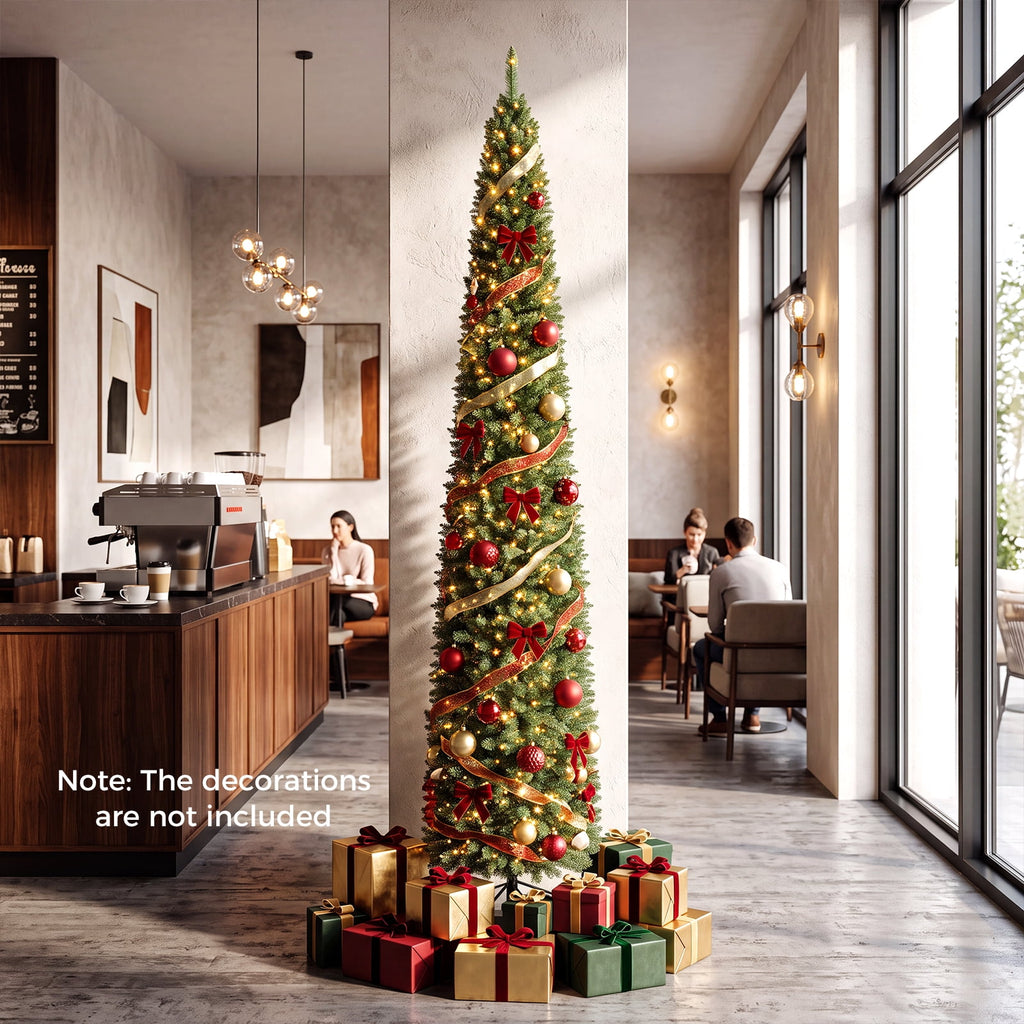 Gymax 9 FT Pre-Lit Artificial Christmas Tree Realistic Slim Pencil Xmas Tree