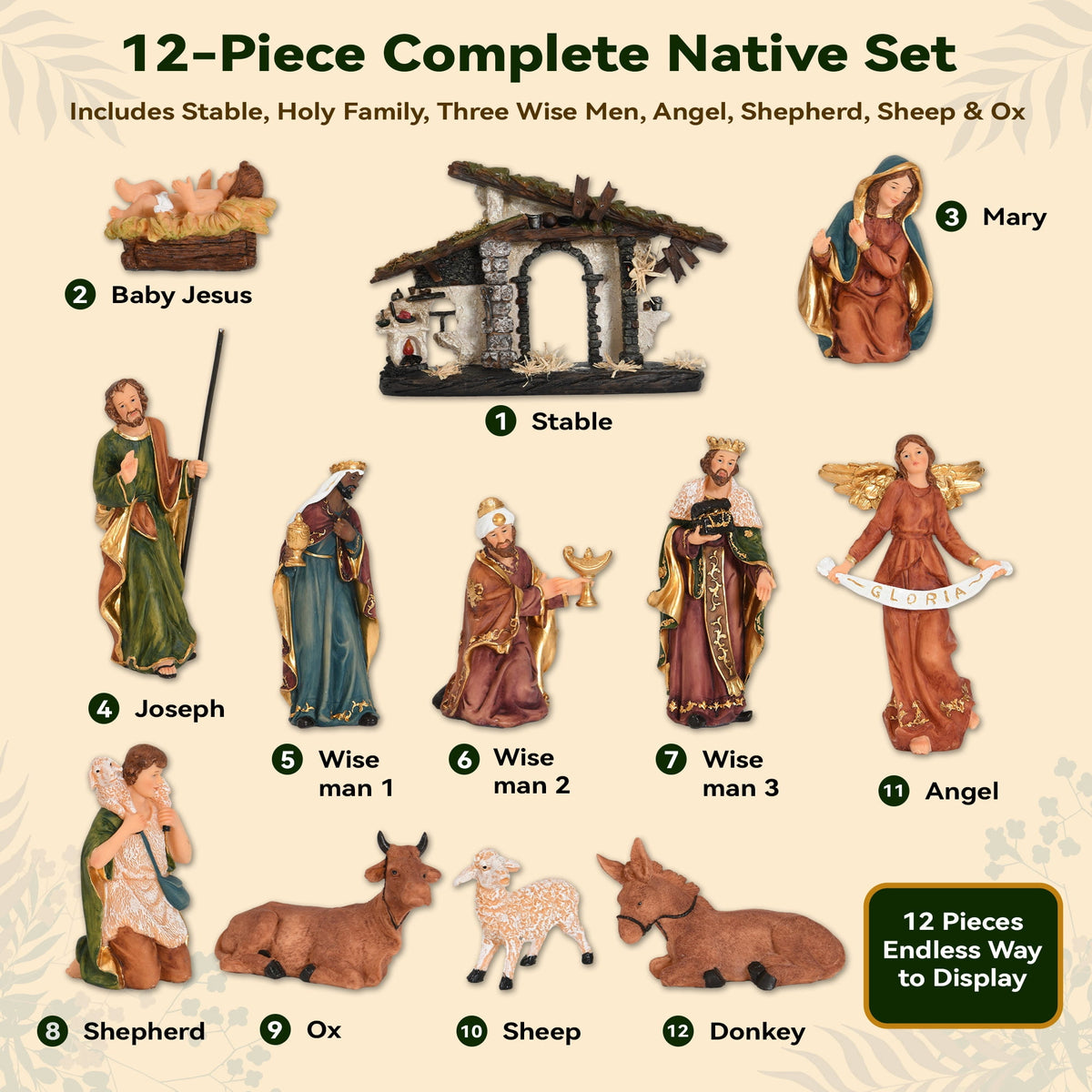 Ultym 20 inch Lighted Christmas Nativity Scene Set of 12 with Rustic Stable