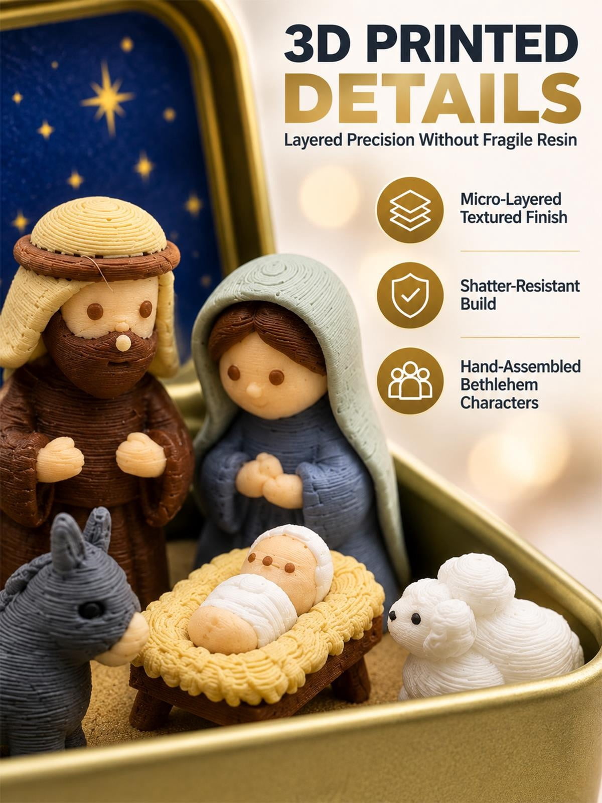 Nativity Set Scene 3D Printed Outdoor Pocket Size Holy Family Figurines Christmas in a Tin Box Decor Gift