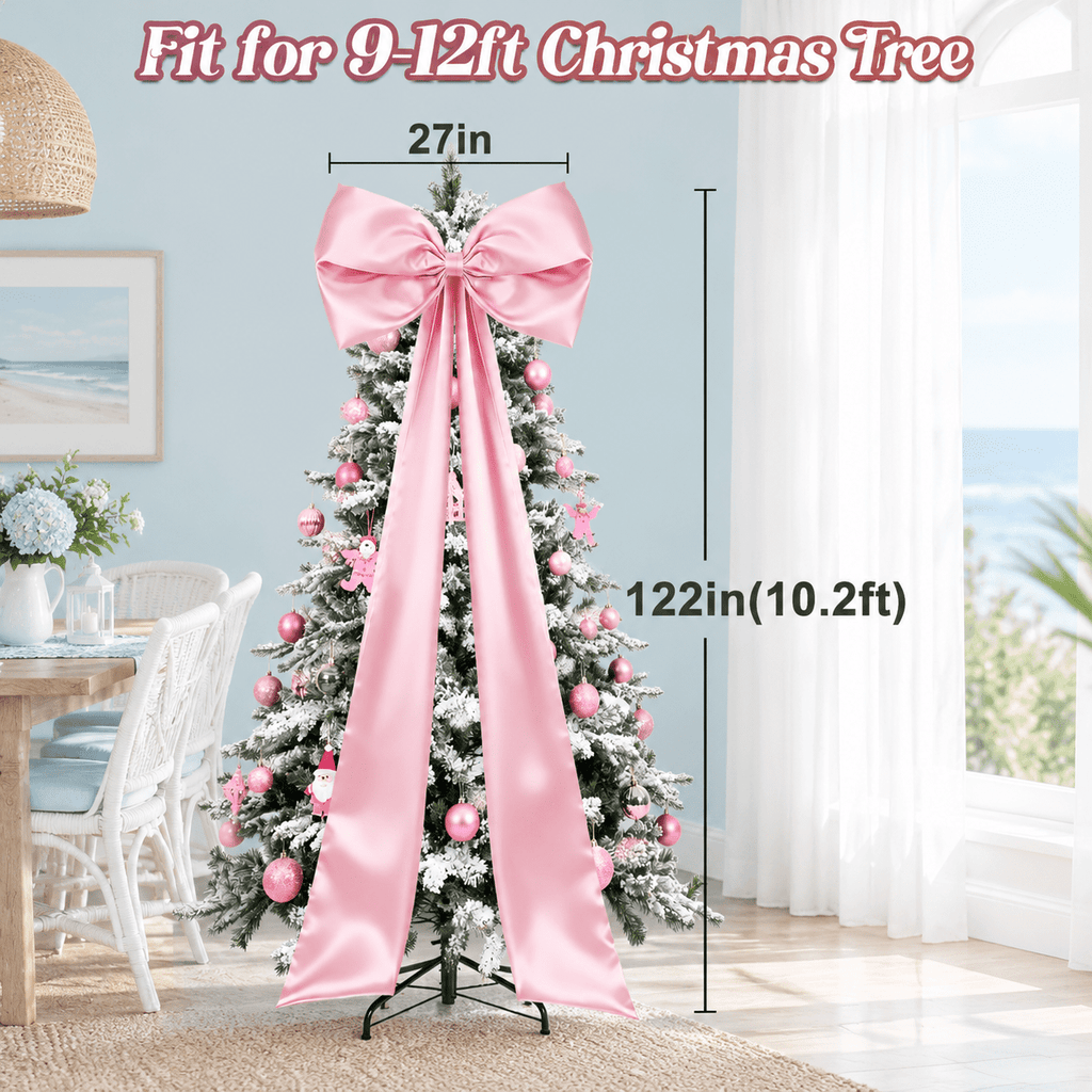 Extra Large Christmas Tree Topper Bow, Pink, 10.2ft Long Ribbons for 9-12ft Trees