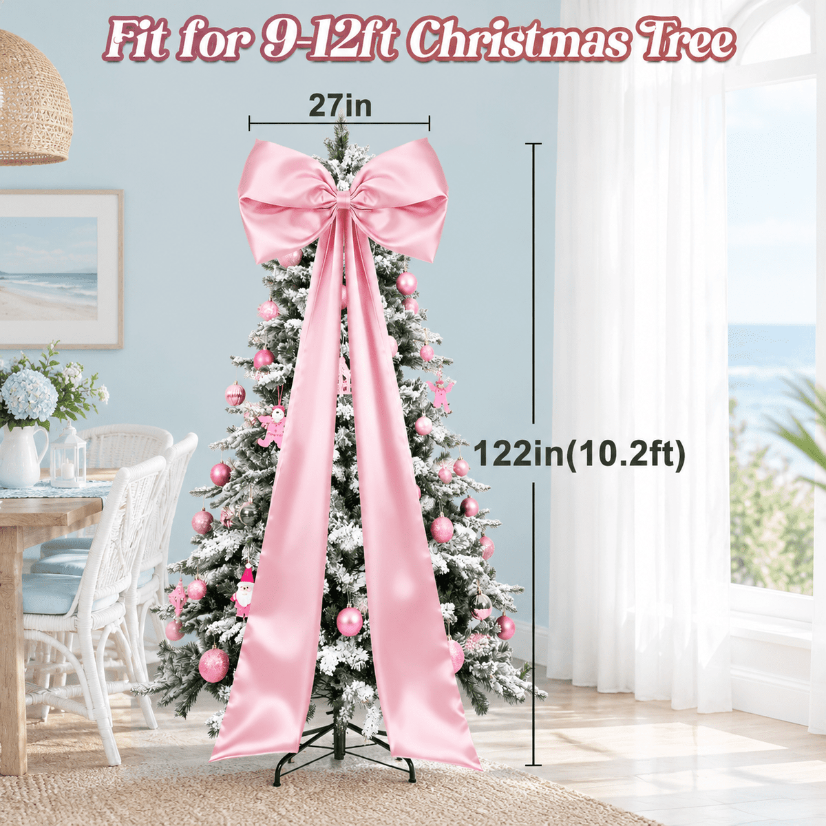 Extra Large Christmas Tree Topper Bow, Pink, 10.2ft Long Ribbons for 9-12ft Trees